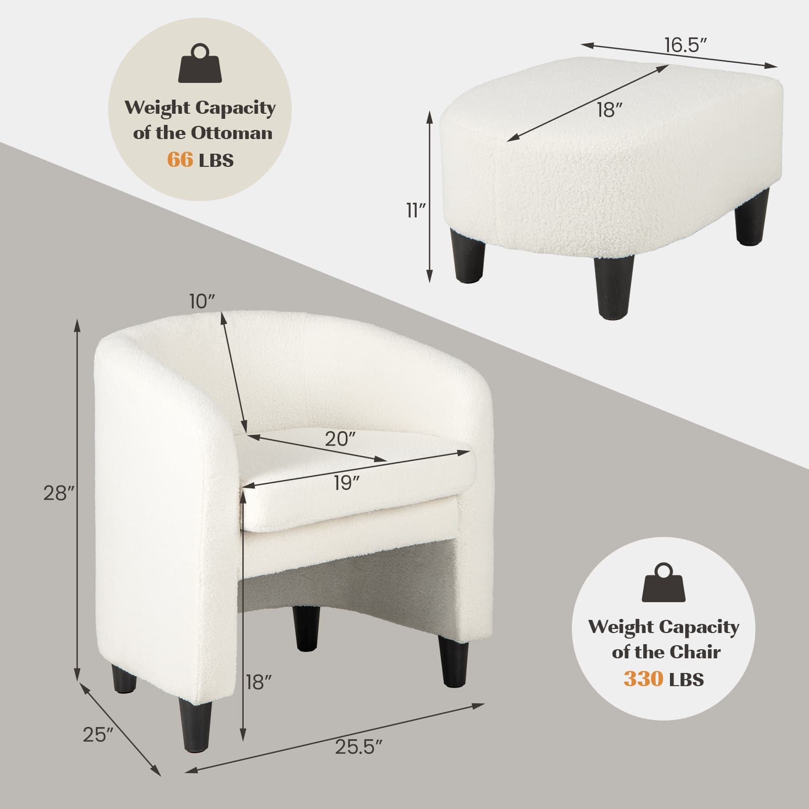The image shows a white ottoman and a white chair, both with weight capacity measurements. The ottoman has a weight capacity of 66 pounds, while the chair has a weight capacity of 330 pounds. The measurements for the chair are 25" x 25.5", and the measurements for the ottoman are 20" x 10".