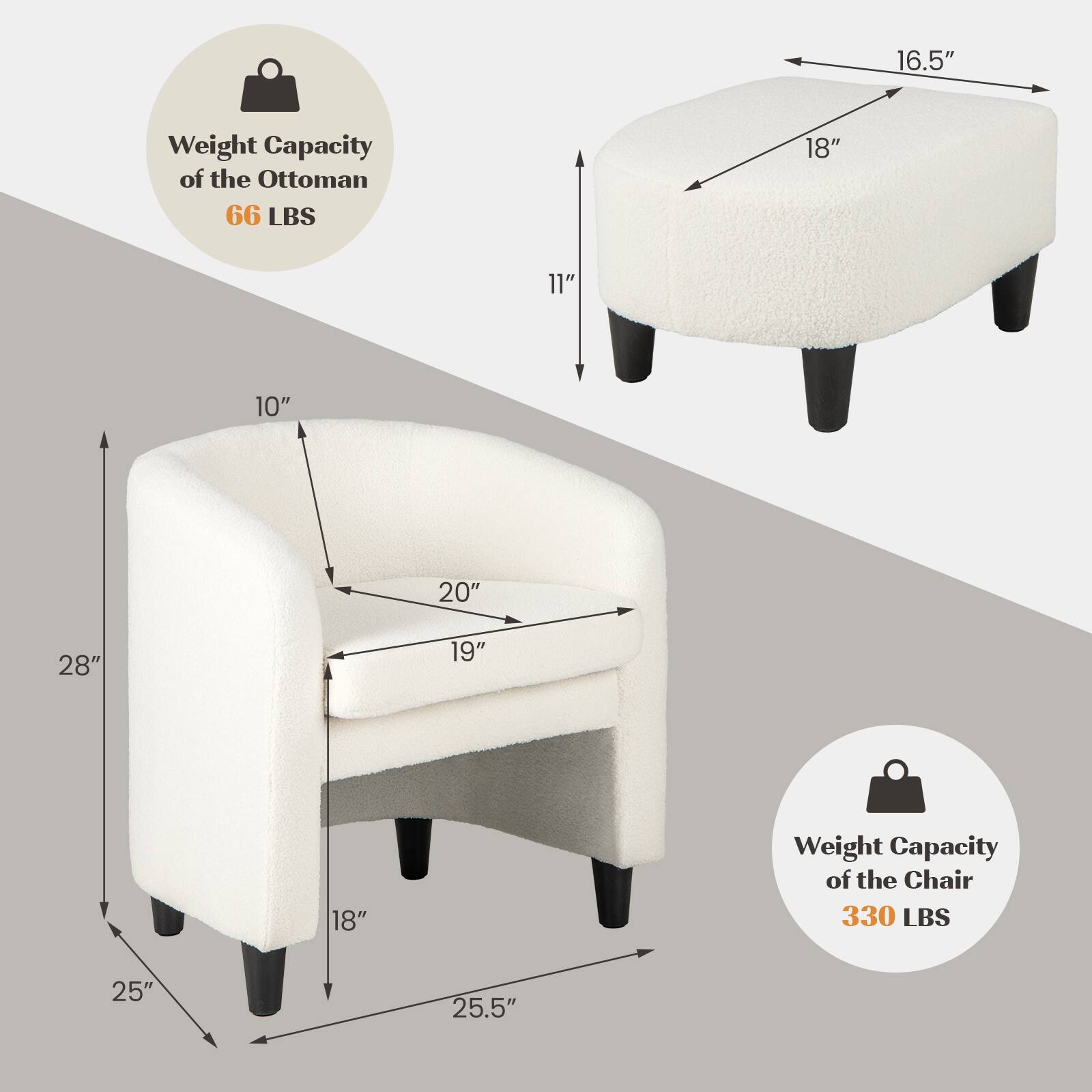 The image shows a white ottoman and a white chair, both with weight capacity measurements. The ottoman has a weight capacity of 66 pounds, while the chair has a weight capacity of 330 pounds. The measurements for the chair are 25" x 25.5", and the measurements for the ottoman are 20" x 10".