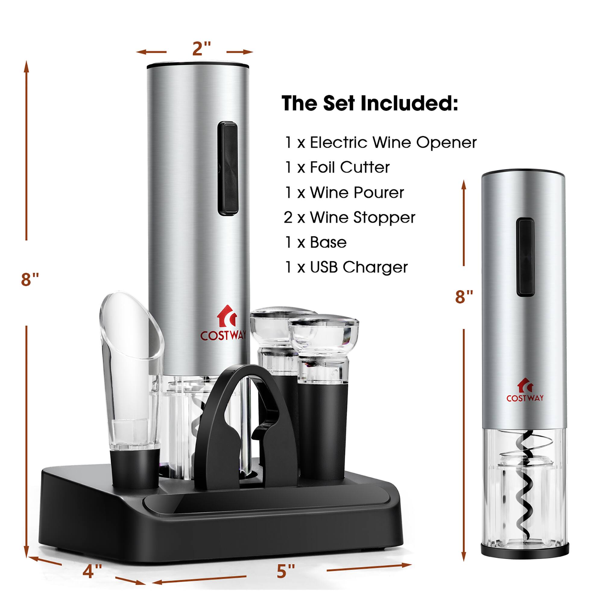 The Set Included: 1 Electric Wine Opener, 1 Foil Cutter, 1 Wine Pourer, 2 Wine Stoppers, 1 Base, 1 USB Charger.