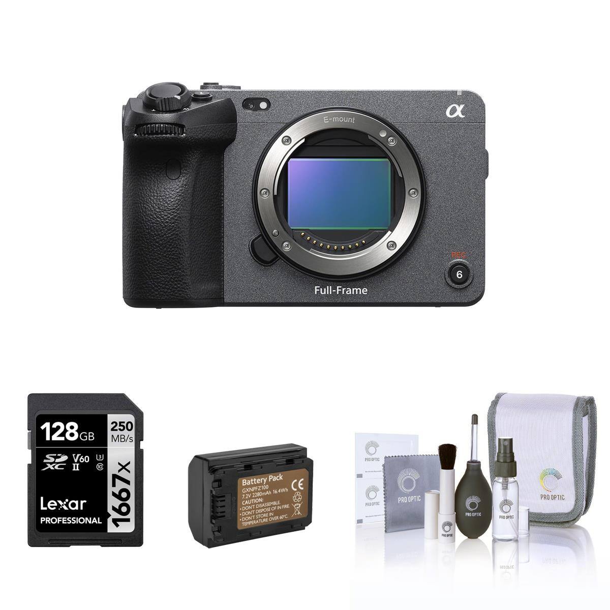 E-mount  
Full-Frame  
128GB 250 MB/s S V60 U3 XC II (c) PROFESSIONAL Lexar 1667x  
Battery Pack GXNPFZ100 TE-4WS CE 7.2V 2280mAh  
CAUTION: DISASSEMBLE DON'T DISPOSE OF .DONT STORE N WC DONT TEMPERATURE OVER  
PRO OPTIC