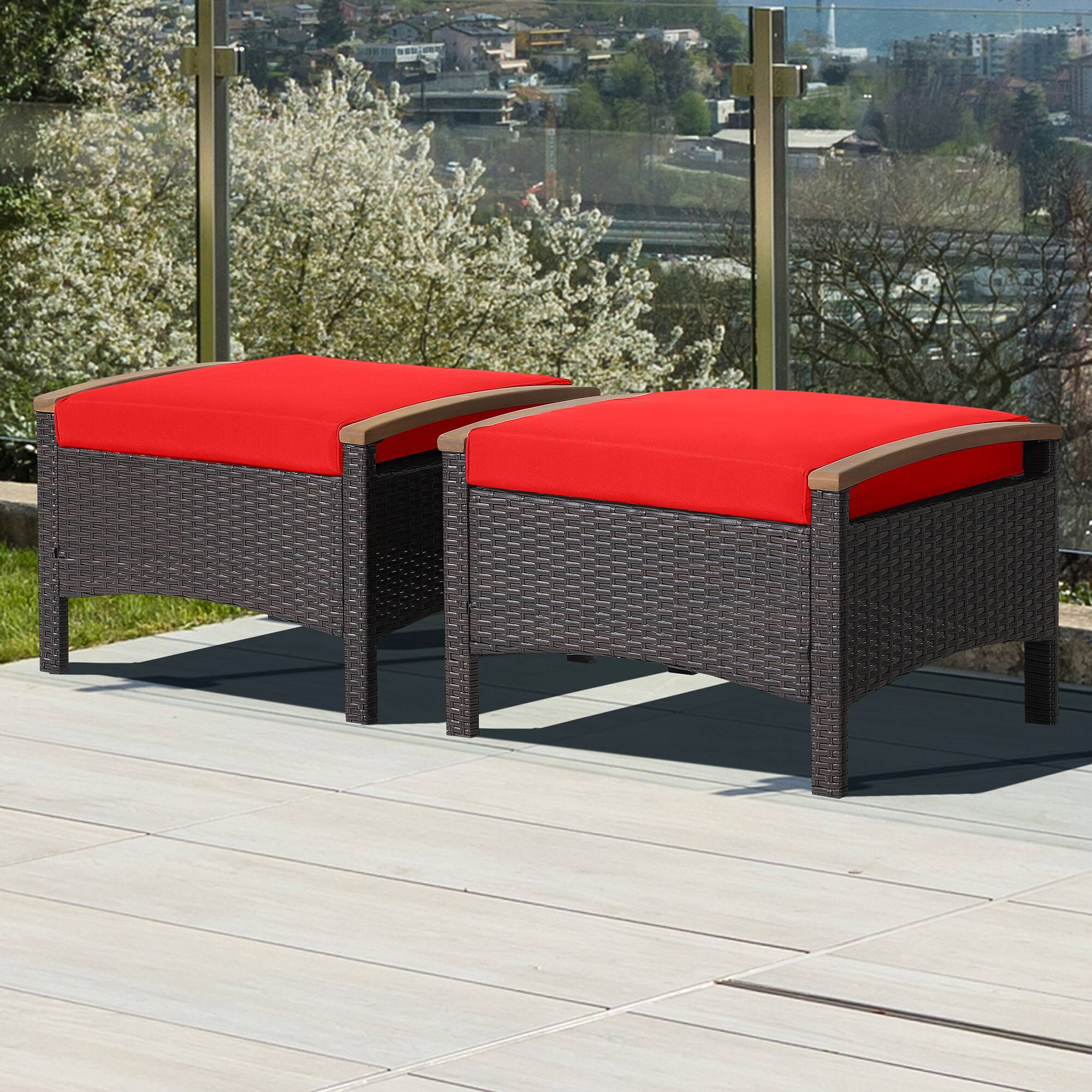 Alt View 2. Costway - Costway Set of 2 Patio Rattan Ottoman Footrest Cushions Wooden Handle - Mix Brown,Red.