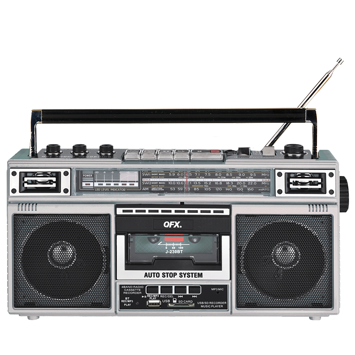 QFX - RECHARGEABLE CASSETTE AM/FM/SW1-2 RADIO BLUETOOTH BOOMBOX WITH USB RECORDING - Silver - Front_Zoom