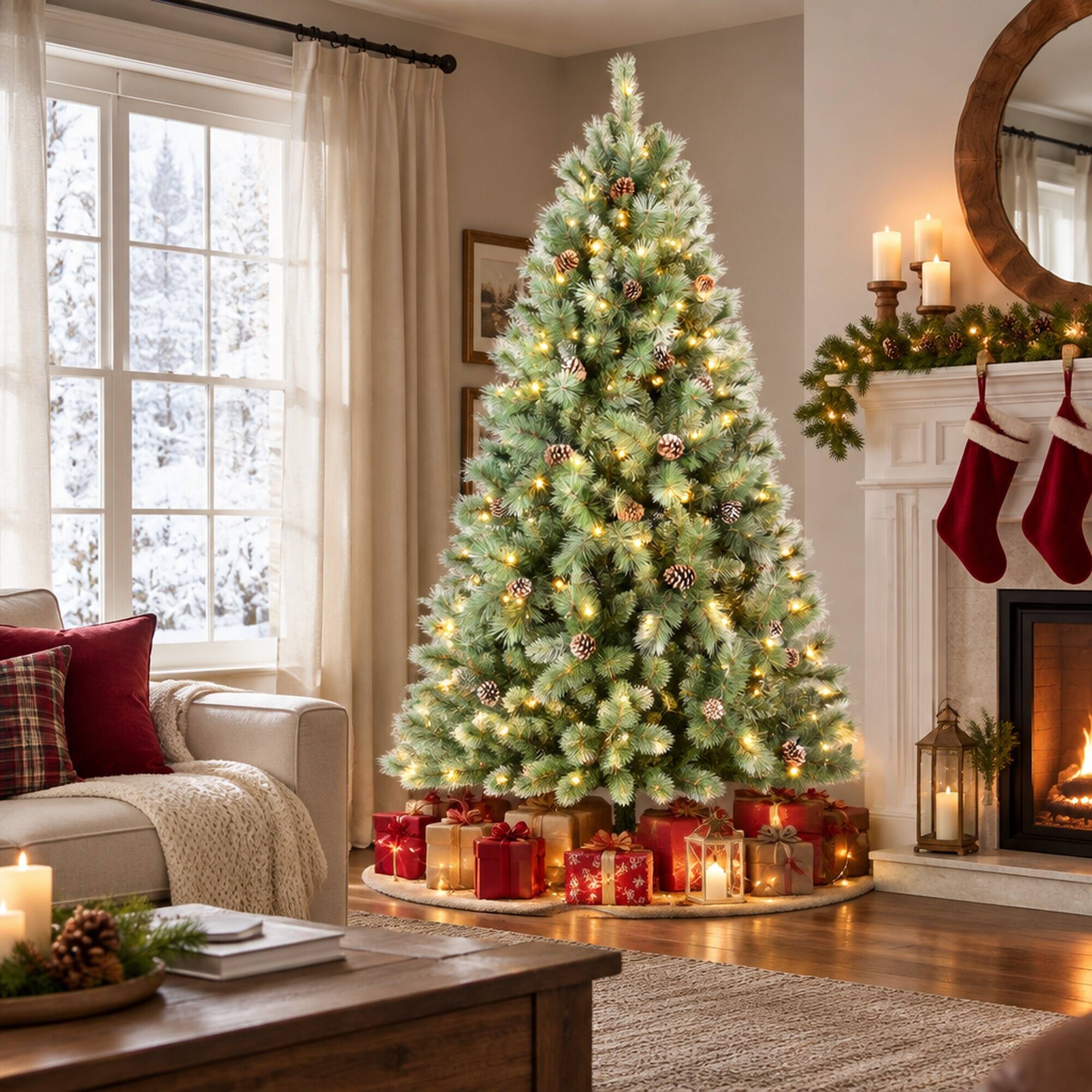 Angle. RYHNUYNE - 7FT Pre-Lit Artificial Christmas Tree With 400 Warm White LED Lights and 1348 Tips, 82 Pine Cones and Metal Stand - Green.