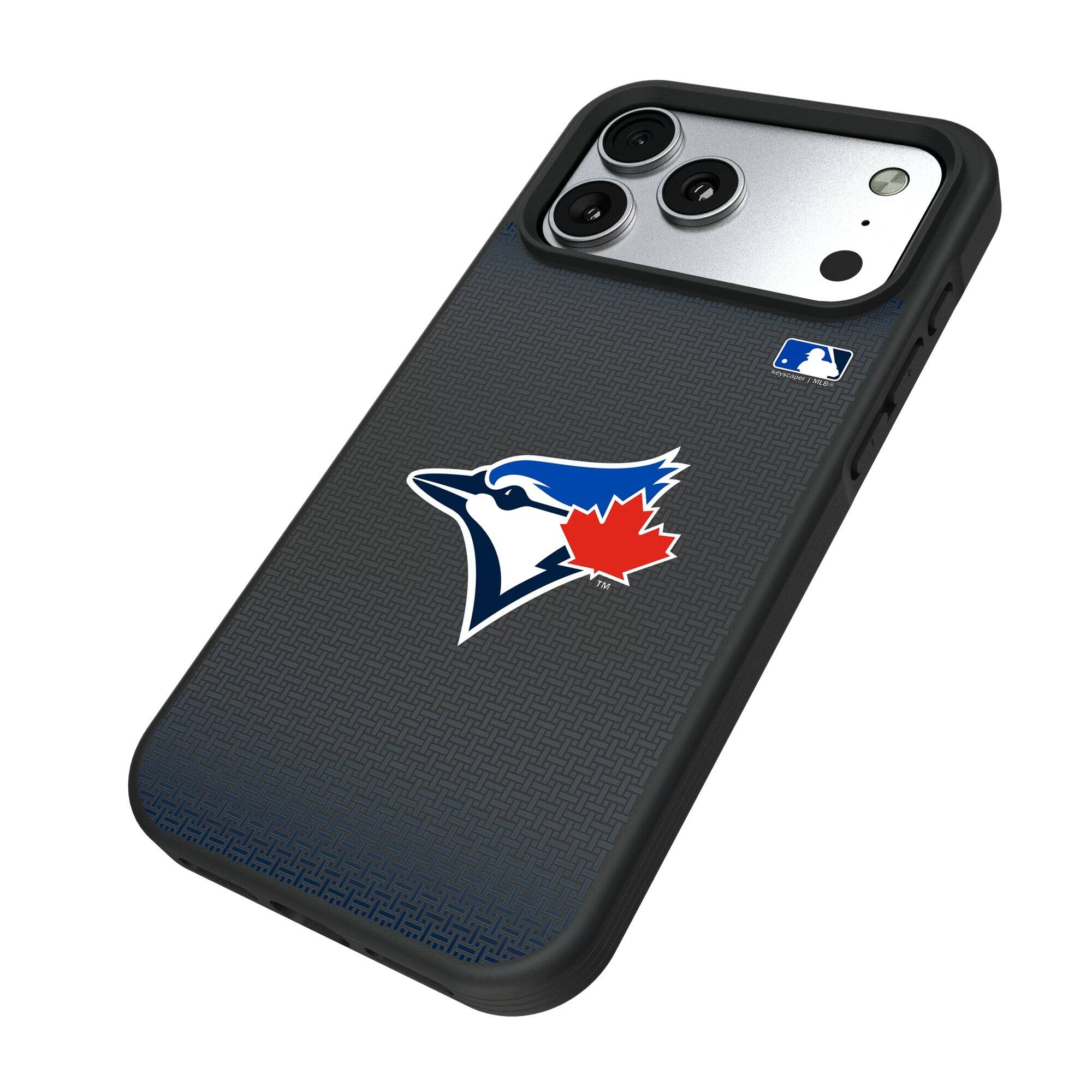 Alt View 1. Keyscaper - Toronto Blue Jays Linen Logo iPhone Bump Case - 13 Pro Max - Black.