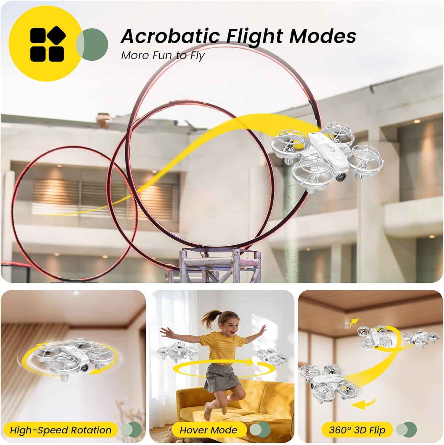 Acrobatic Flight Modes
More Fun to Fly

High-Speed Rotation
Hover Mode
360° 3D Flip