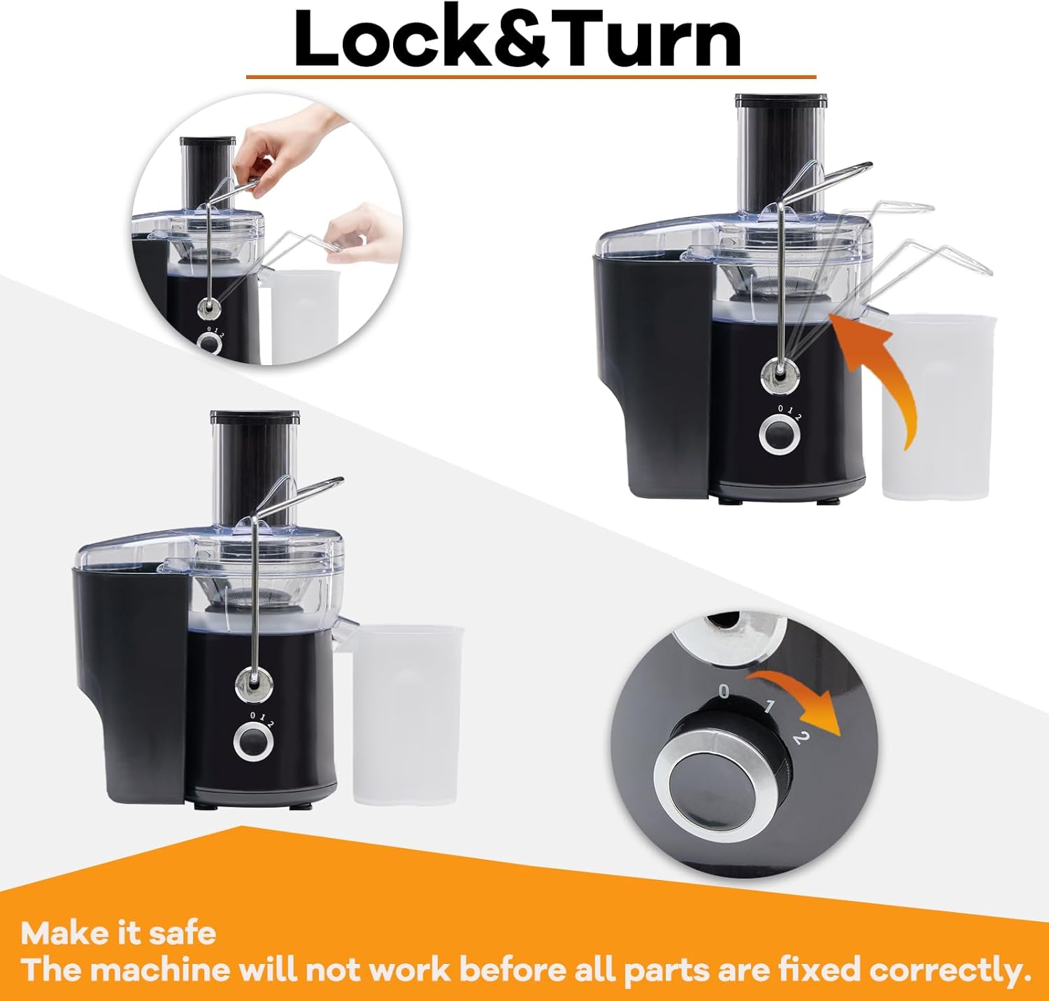 Lock & Turn

Make it safe  
The machine will not work before all parts are fixed correctly.