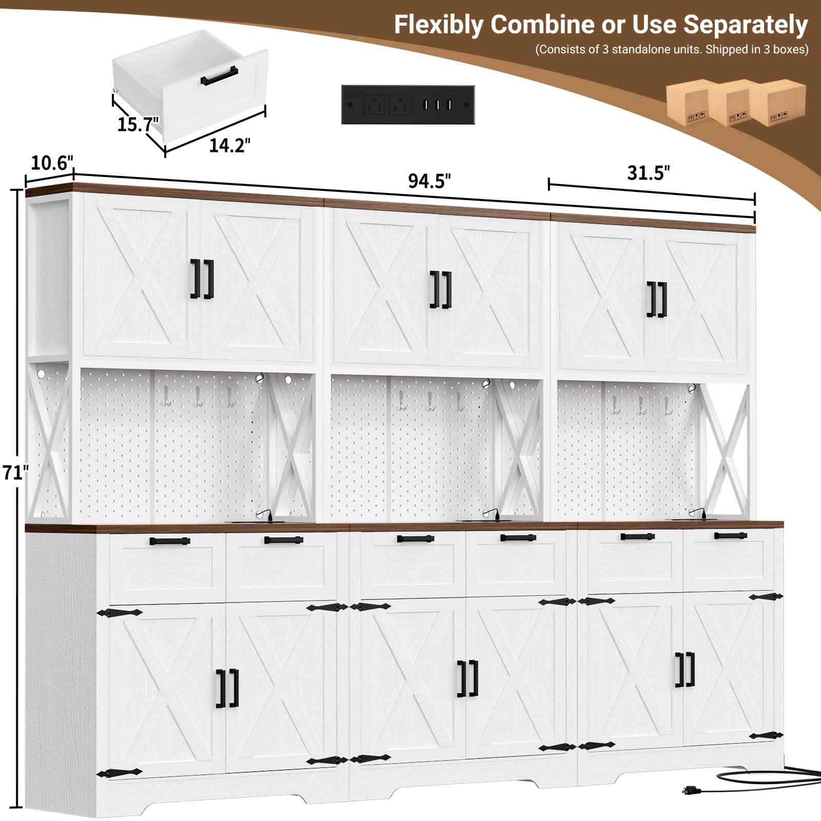 Flexibly Combine or Use Separately (Consists of 3 standalone units. Shipped in 3 boxes)

10.6"
15.7"
14.2"
94.5"
31.5"
71"