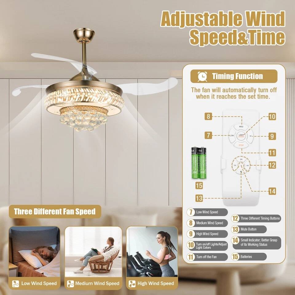 Adjustable Wind Speed & Time

Timing Function
The fan will automatically turn off when it reaches the set time.

Three Different Fan Speed
- Low Wind Speed
- Medium Wind Speed
- High Wind Speed

Three Different Timing Buttons
- Low Wind Speed
- Medium Wind Speed
- High Wind Speed

Mute Button

Small Indicator: Better Grasp of its Working Status

Turn on/off Lights/Adjust Light Colors

Turn off the Fan

Batteries
