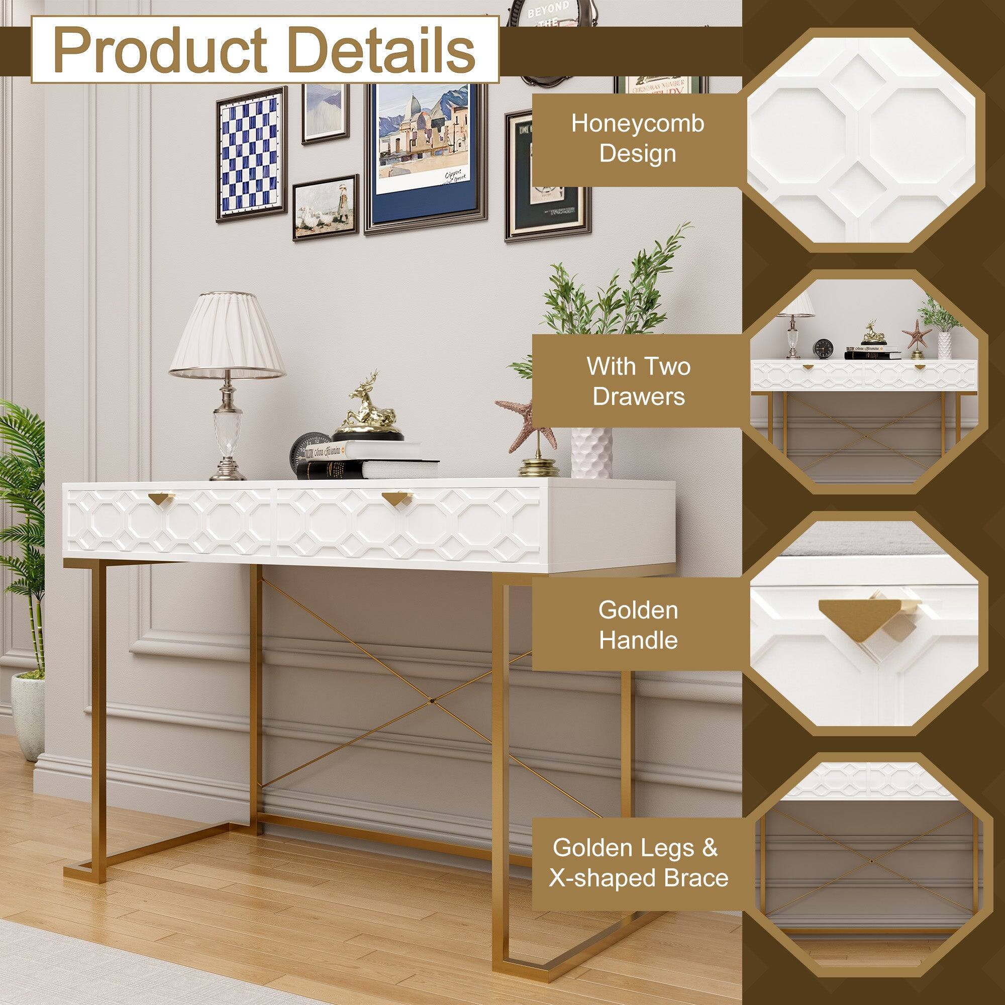 Product Details

- Honeycomb Design
- With Two Drawers
- Golden Handle
- Golden Legs & X-shaped Brace