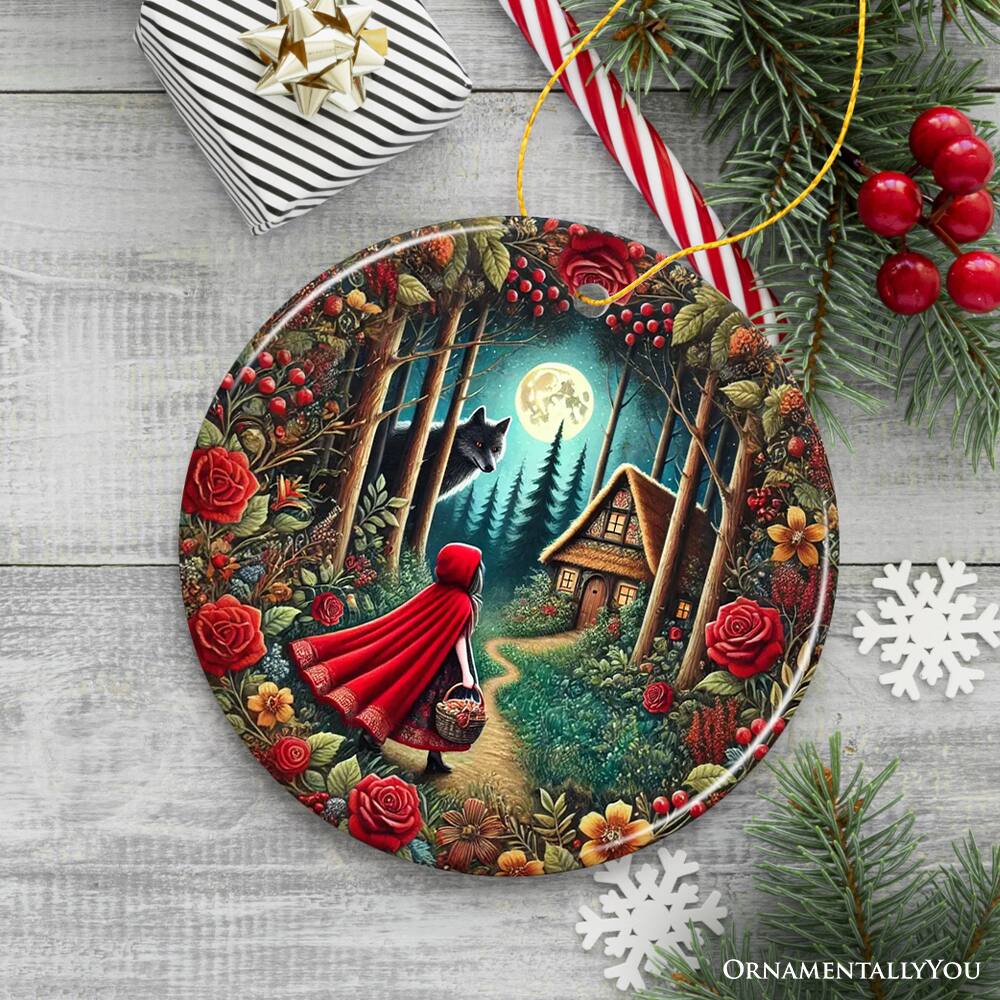 Back. OrnamentallyYou - Folksy Sly Wolf and Red Riding Hood Ornament Mystic Woodland Fantasy Holiday Decoration Circle - Multi-colored.