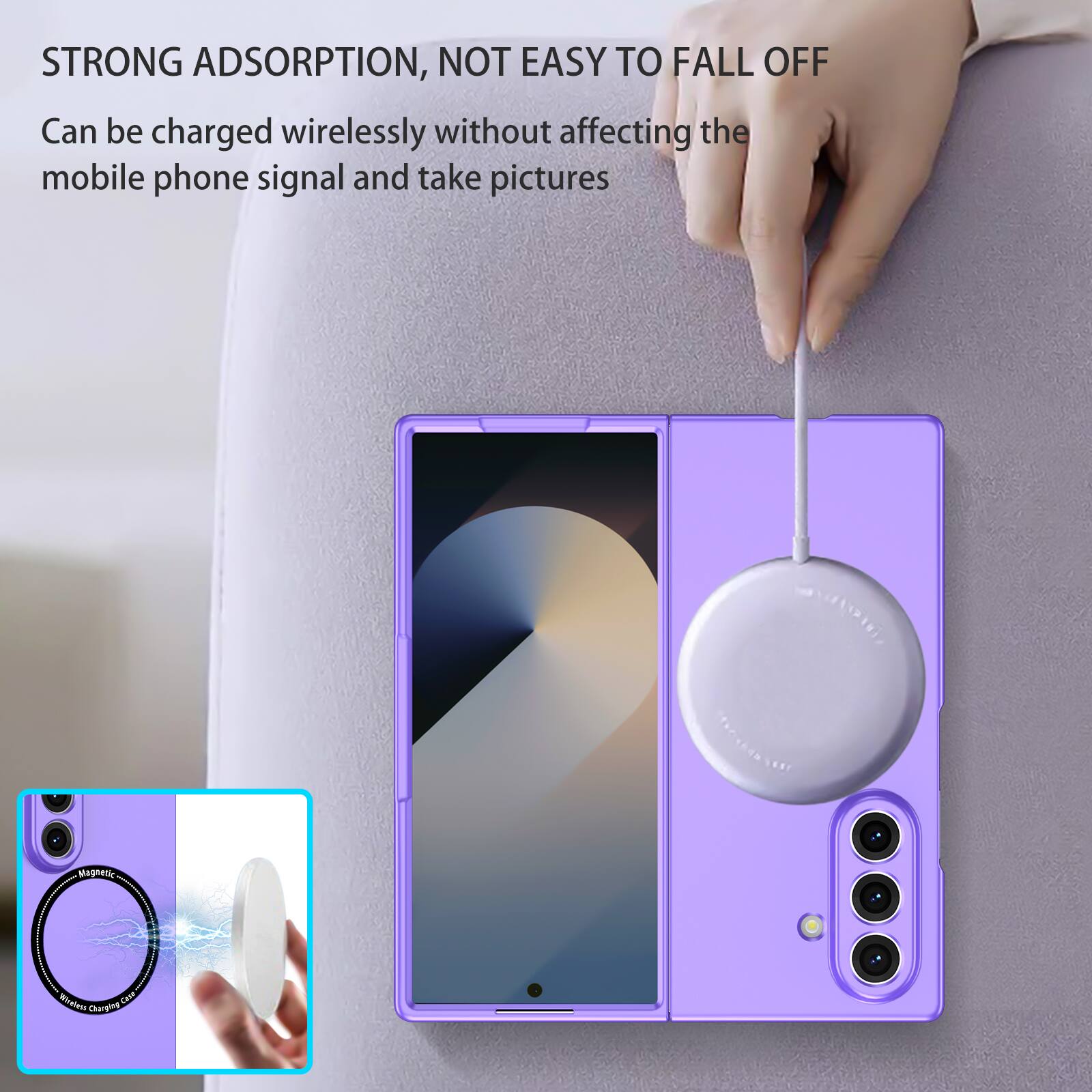 STRONG ADSORPTION, NOT EASY TO FALL OFF  
Can be charged wirelessly without affecting the mobile phone signal and take pictures