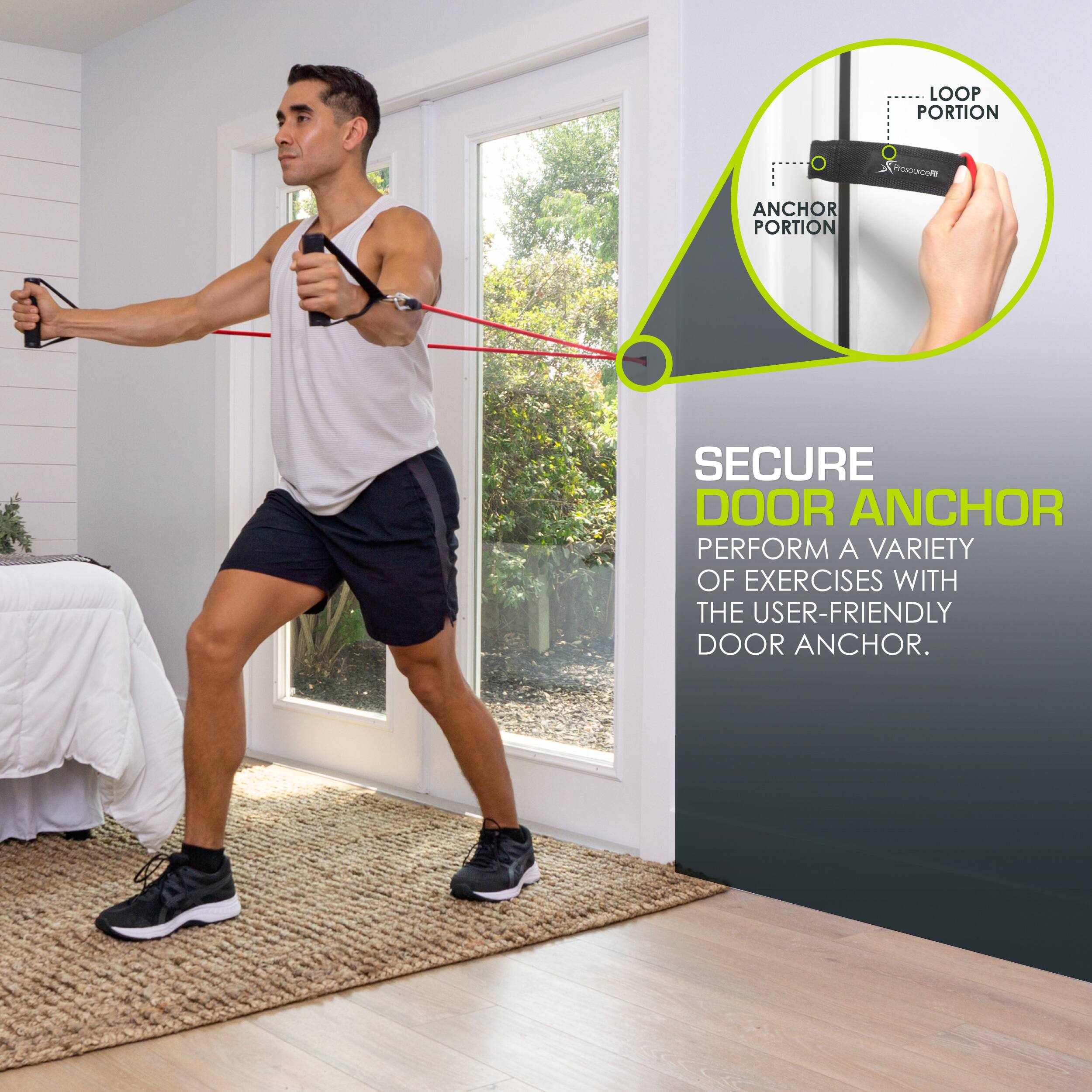 LOOP PORTION, ANCHOR PORTION, SECURE DOOR ANCHOR, PERFORM A VARIETY OF EXERCISES WITH THE USER-FRIENDLY DOOR ANCHOR.