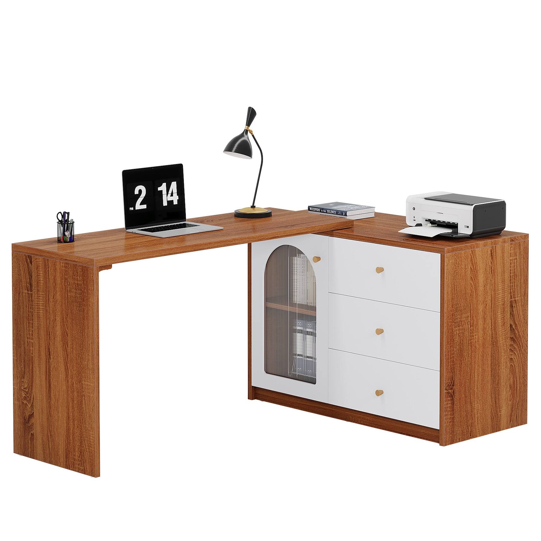 Left. Kadyn - Kadyn Wooden Computer Desk with Storage Drawers, Home Office Furniture for Home and Office, Space-Saving Design, Brown - Brown And White.