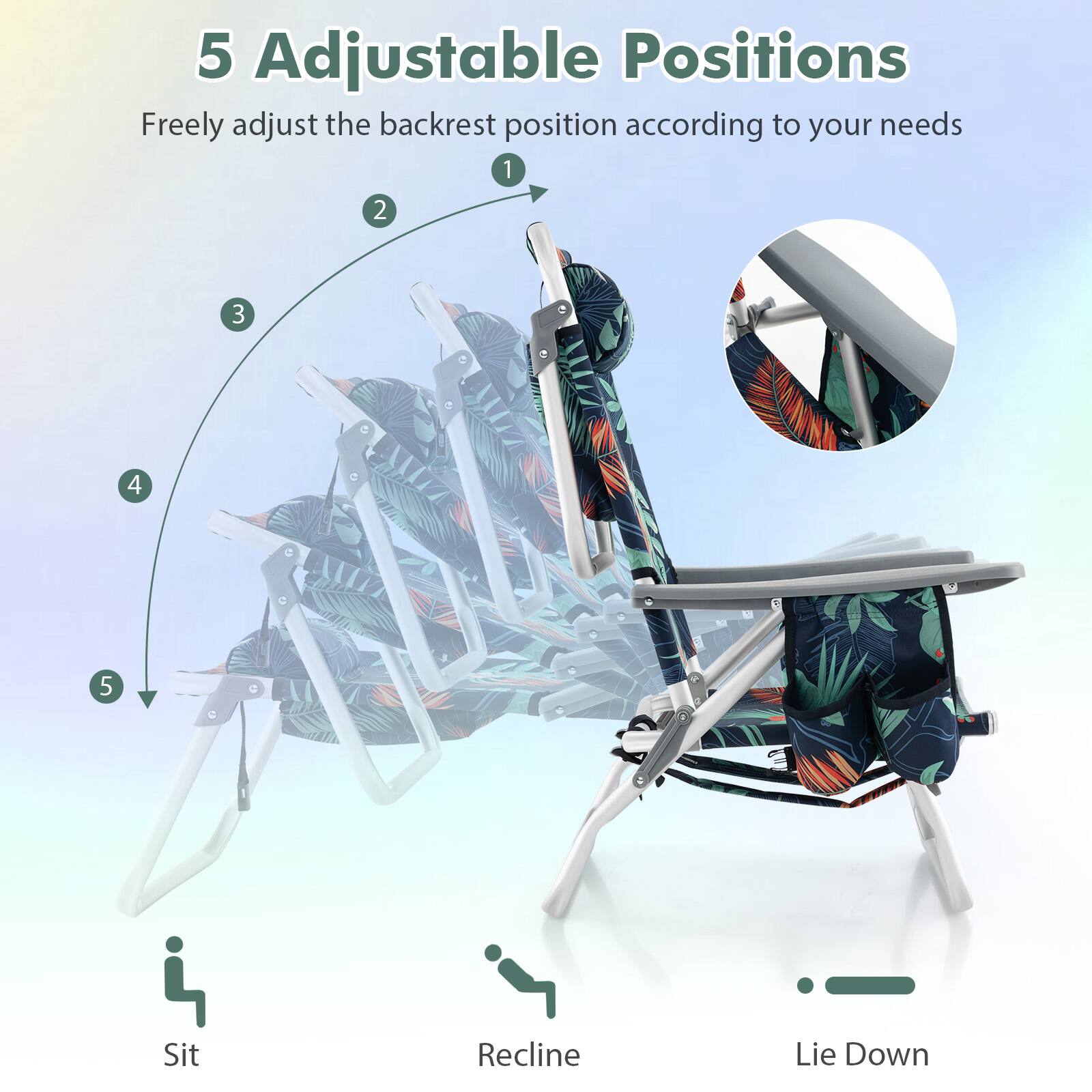 5 Adjustable Positions  
Freely adjust the backrest position according to your needs  

1  
2  
3  
4  
5  

Sit  
Recline  
Lie Down