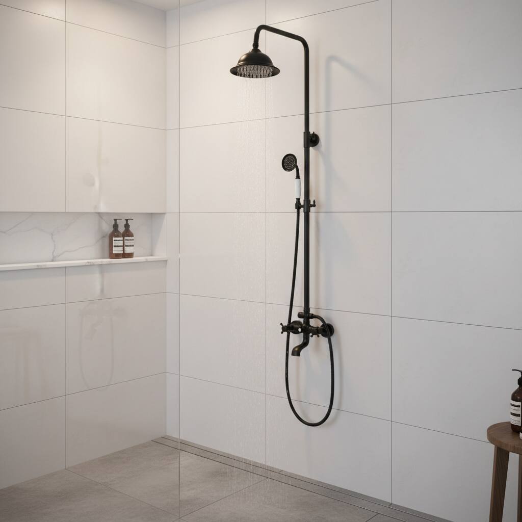 Alt View 2. Dazzed Corner - Matte Black Shower System, 8" Head, Handheld Spray, Tub Spout, 2 Cross Handles - Matte Black.