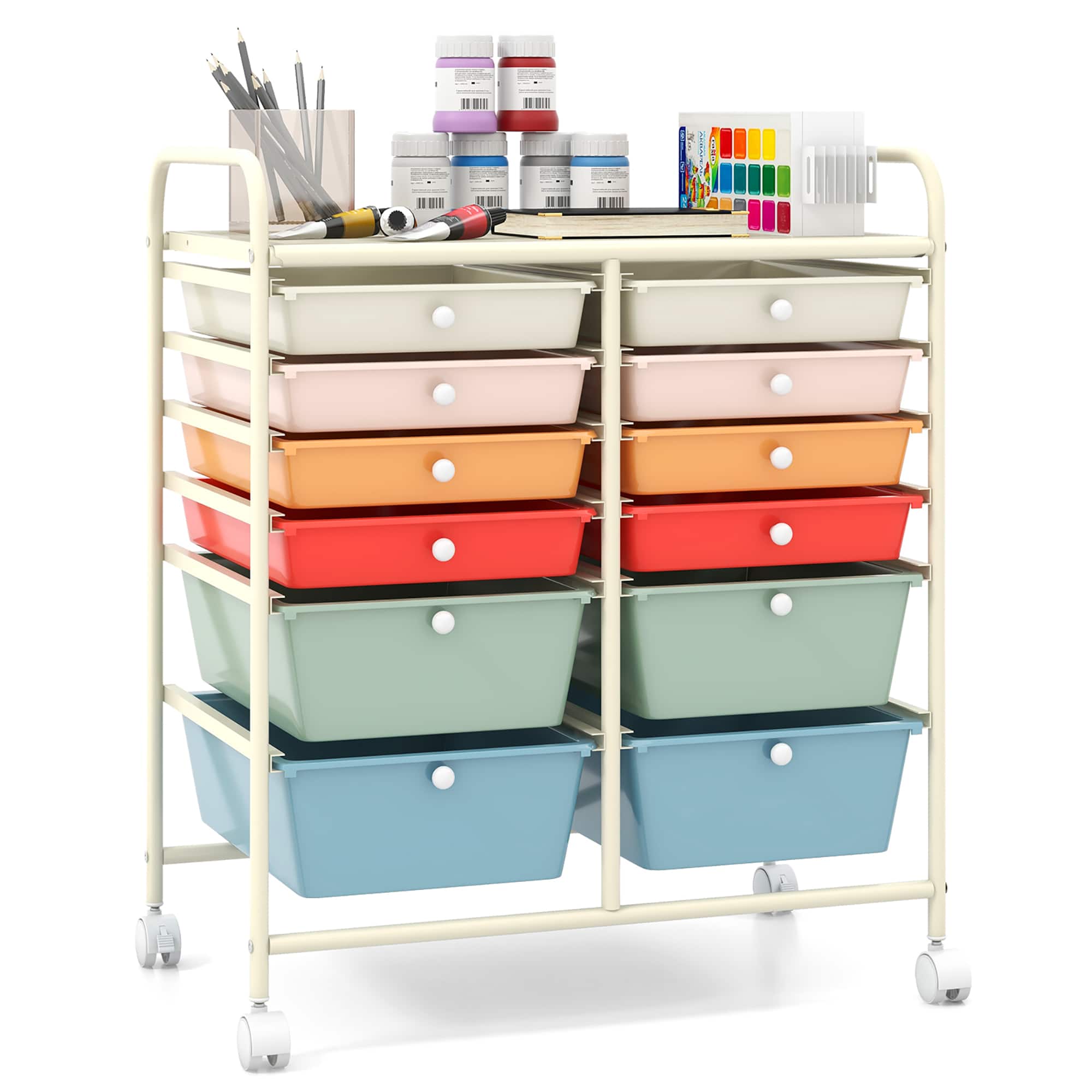 Gymax - Office Rolling Cart 12 Storage Drawer Studio Organizer Bins Scrapbook Paper Rainbow - Macaron
