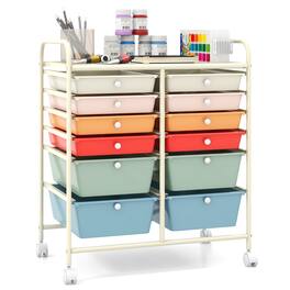 Gymax - Office Rolling Cart 12 Storage Drawer Studio Organizer Bins Scrapbook Paper Rainbow - Macaron