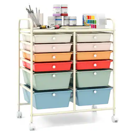 Front. Gymax - Gymax Office Rolling Cart 12 Storage Drawer Studio Organizer Bins Scrapbook Paper Rainbow - Macaron.