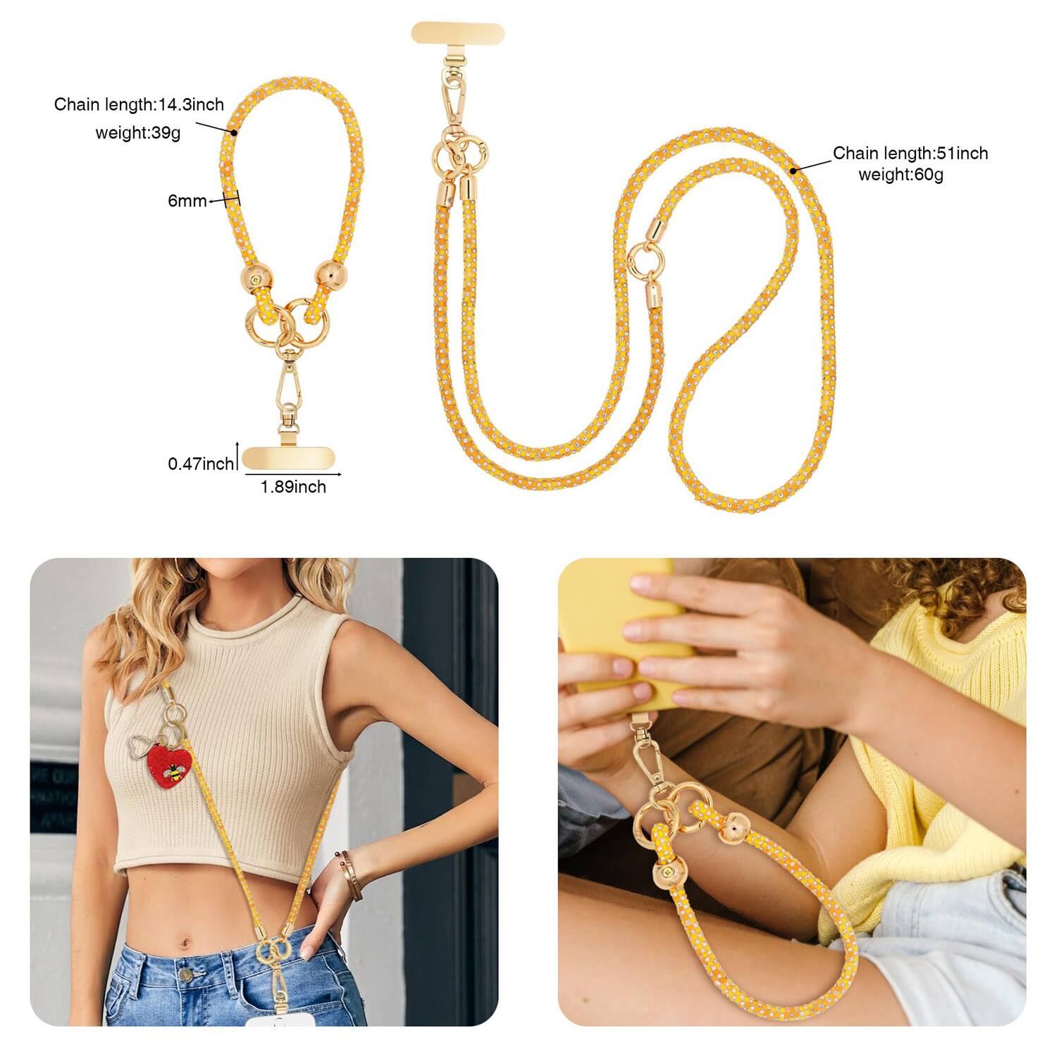 Chain length: 14.3 inch, weight: 39g, 6mm  
Chain length: 51 inch, weight: 60g  
0.47 inch, 1.89 inch