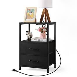 Oumilen - Nightstand with 2 Fabric Drawers and Charging Station - Black