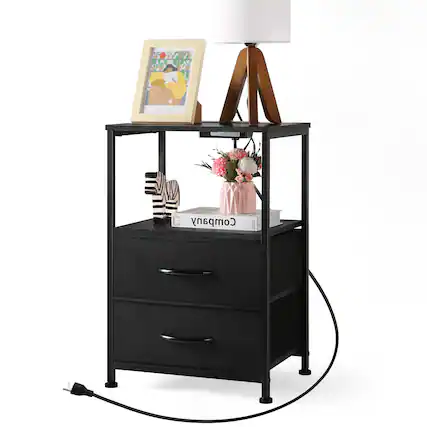 Front. Oumilen - Nightstand with 2 Fabric Drawers and Charging Station, Black - Black.