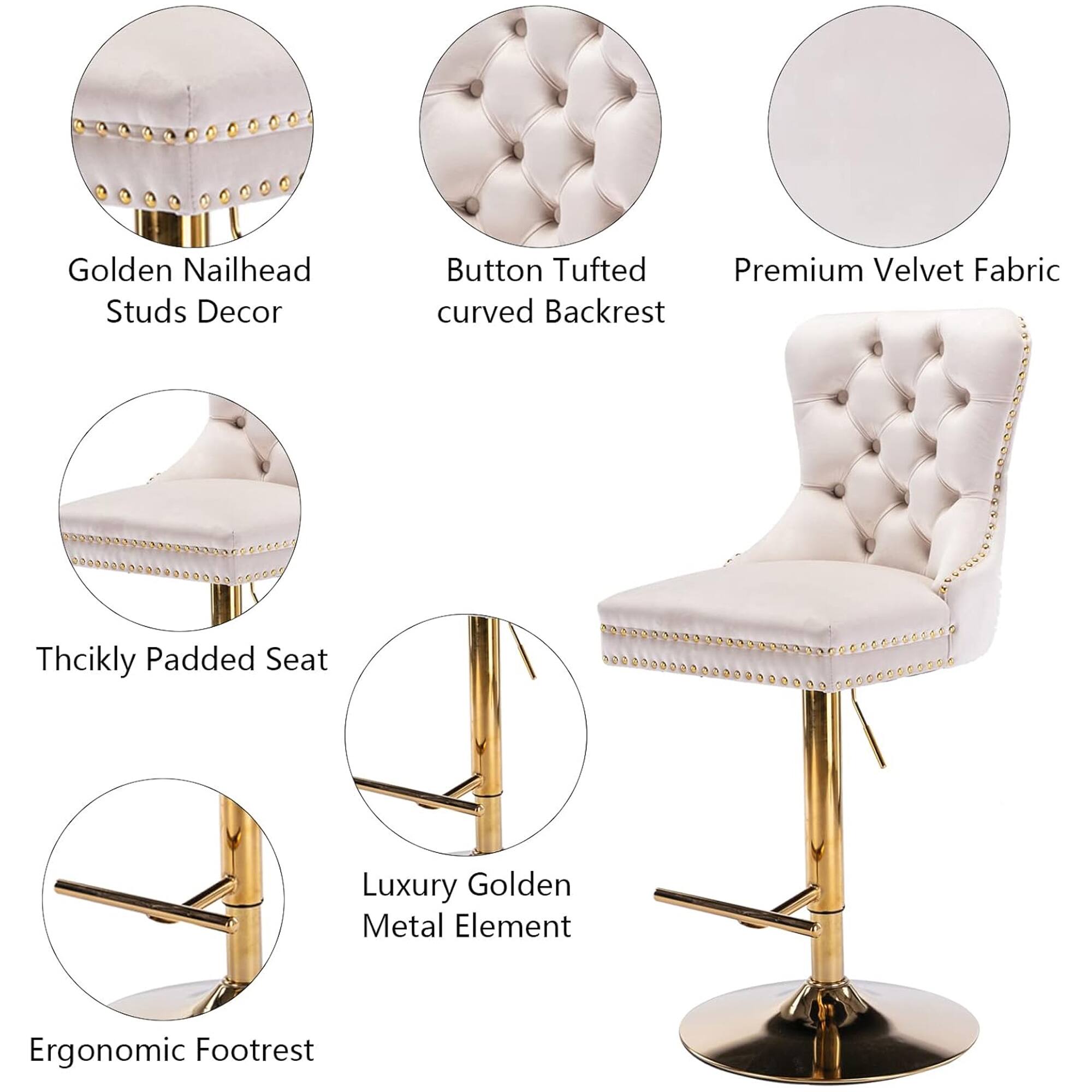 - Golden Nailhead Studs Decor
- Button Tufted curved Backrest
- Premium Velvet Fabric
- Thickly Padded Seat
- Luxury Golden Metal Element
- Ergonomic Footrest