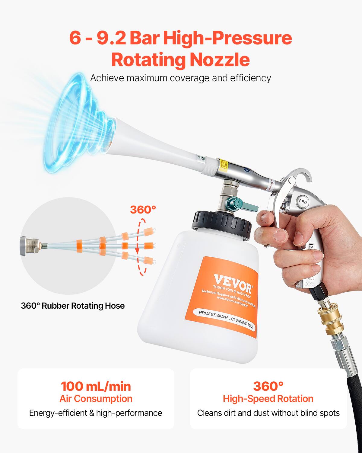 6-9.2 Bar High-Pressure Rotating Nozzle: Achieve maximum coverage and efficiency.

360° Rubber Rotating Hose: 360° High-Speed Rotation.

100 mL/min Air Consumption: Energy-efficient & high-performance.

VEVOR TOUGH: Professional Cleaning Tool.

Technical Support and Half Price: www.vevor.com/ppur.

E-Insurance Certificate.

Clean dirt and dust without blind spots.