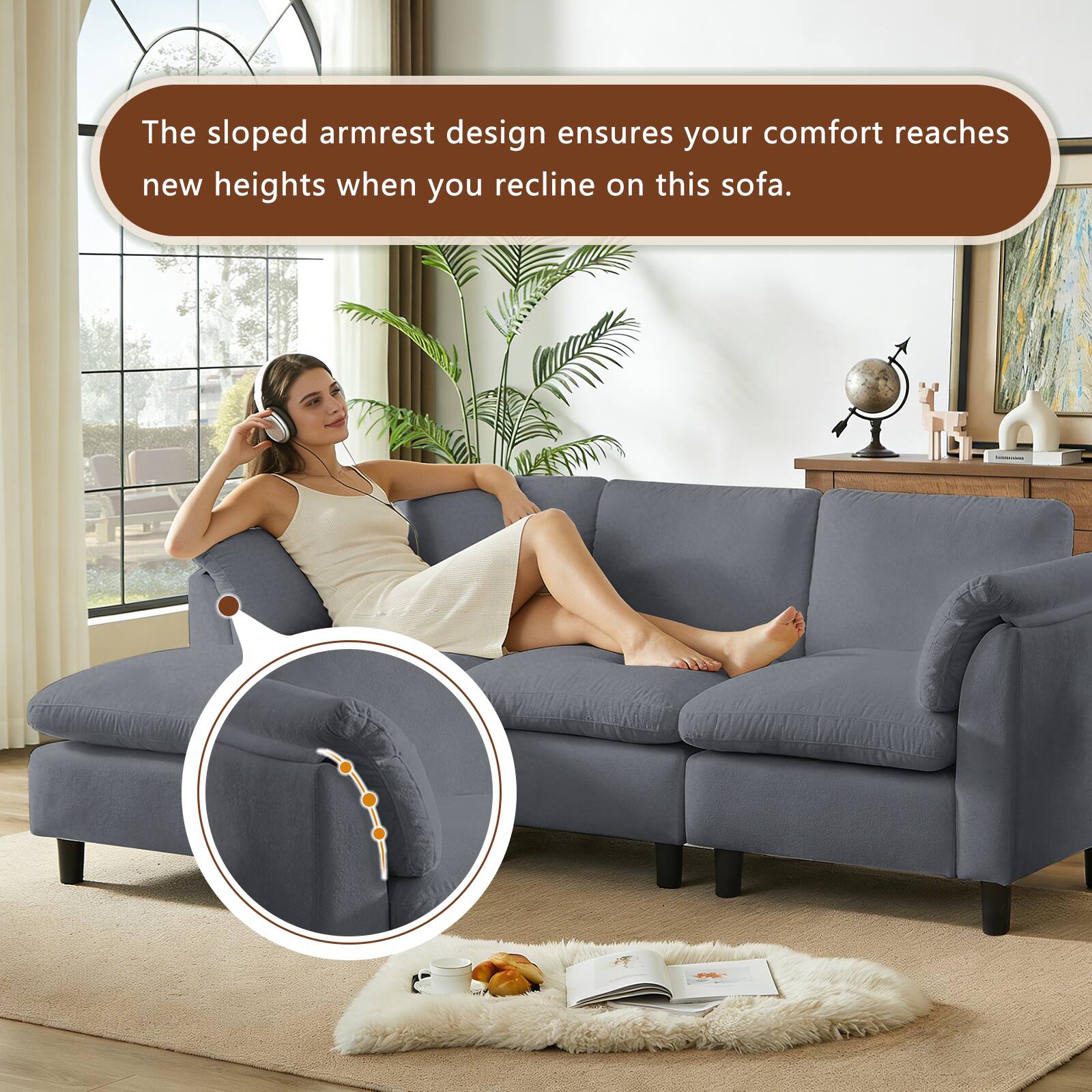 The sloped armrest design ensures your comfort reaches new heights when you recline on this sofa.