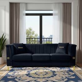 Anysun - 82.7" Beige Velvet 3-Seat Chesterfield Sofa with 2 Pillows for Living Room - Black