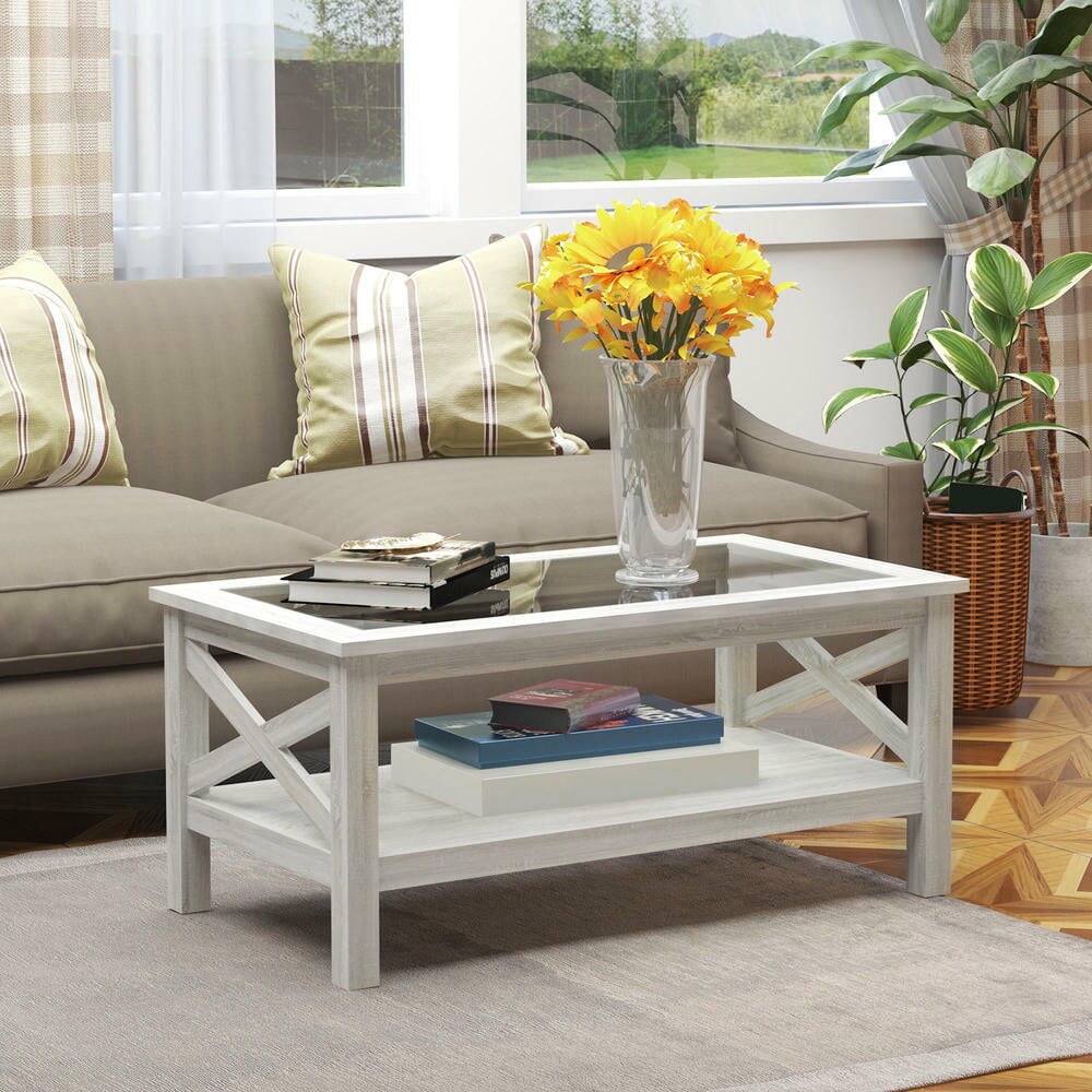 Angle. Kadyn - Coffee Table With Tempered Glass Tabletop, Living Room Table, Wood Frame And Underneath Storage Shelf, X-Shaped - White.