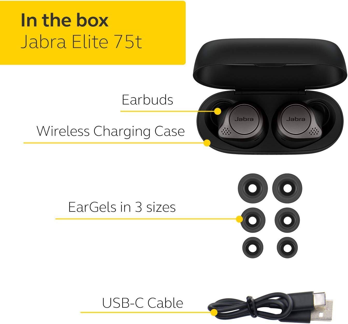 In the box  
Jabra Elite 75t  

- Earbuds  
- Wireless Charging Case  
- EarGels in 3 sizes  
- USB-C Cable