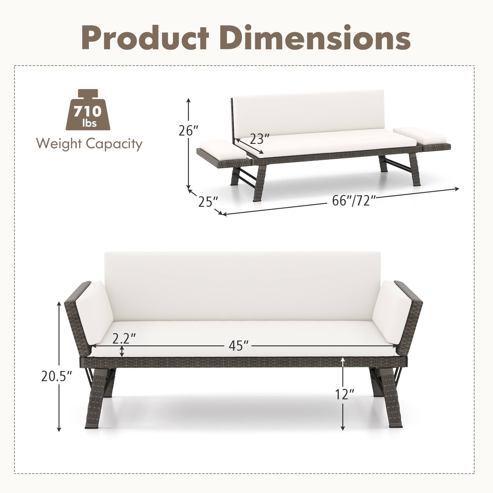 Product Dimensions: 710 lbs weight capacity, 26" x 23" x 25" dimensions, 66" / 72" length, 2.2" + 45" width, 20.5" height, 12" depth.