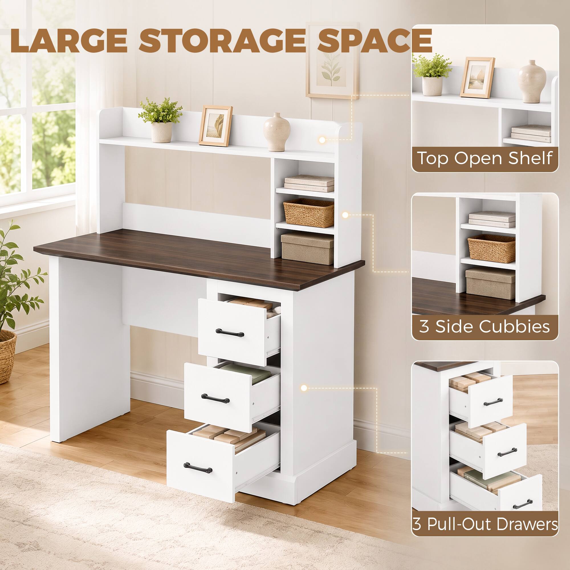 LARGE STORAGE SPACE  
Top Open Shelf  
3 Side Cubbies  
3 Pull-Out Drawers