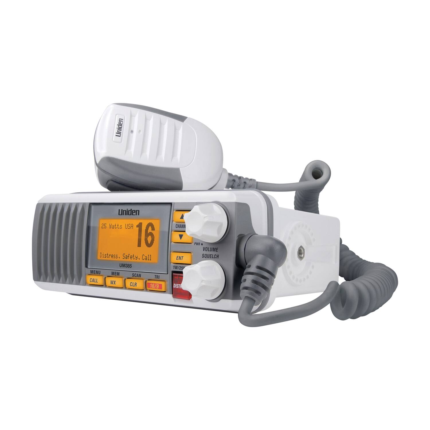 Uniden  
25 Watts USA  
16  
Distress. Safety. Call  
UM385  
MENU MEM SCAN TRI CALL WX CLR 16/9  
CHAN ENT  
VOLUME SQUELCH