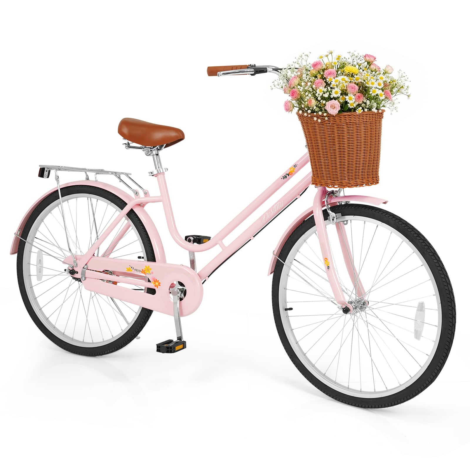 Costway - 26-Inch Beach Cruiser Bike,with Adjustable Seat, Woven Basket & Rear Rack - Pink