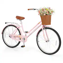 Costway - 26-Inch Beach Cruiser Bike,with Adjustable Seat, Woven Basket & Rear Rack - Pink