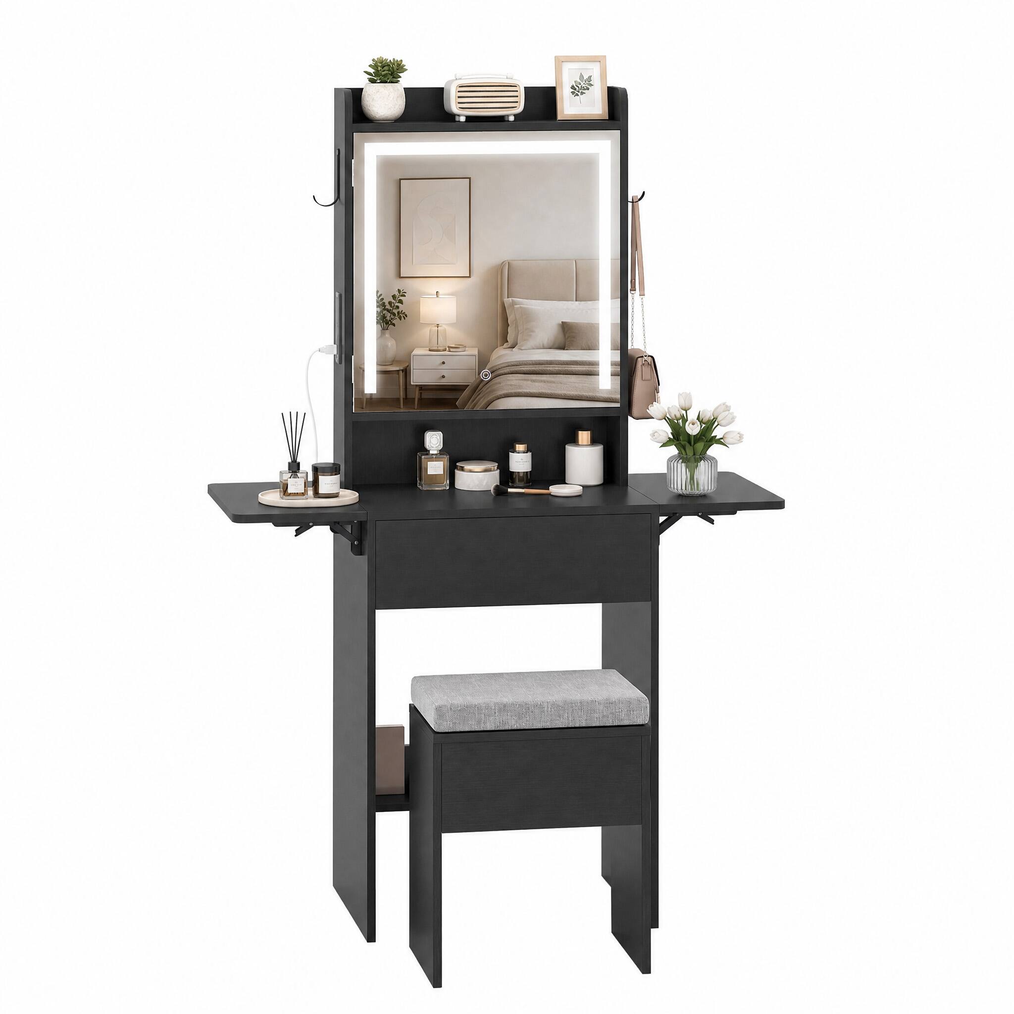 Alt View 4. WELLFOR - Foldable Drop Leaf Makeup Vanity Desk with 3 Color LED Mirror & Charging Hub, Vanity Desk Set with Cushioned Stool - Black.