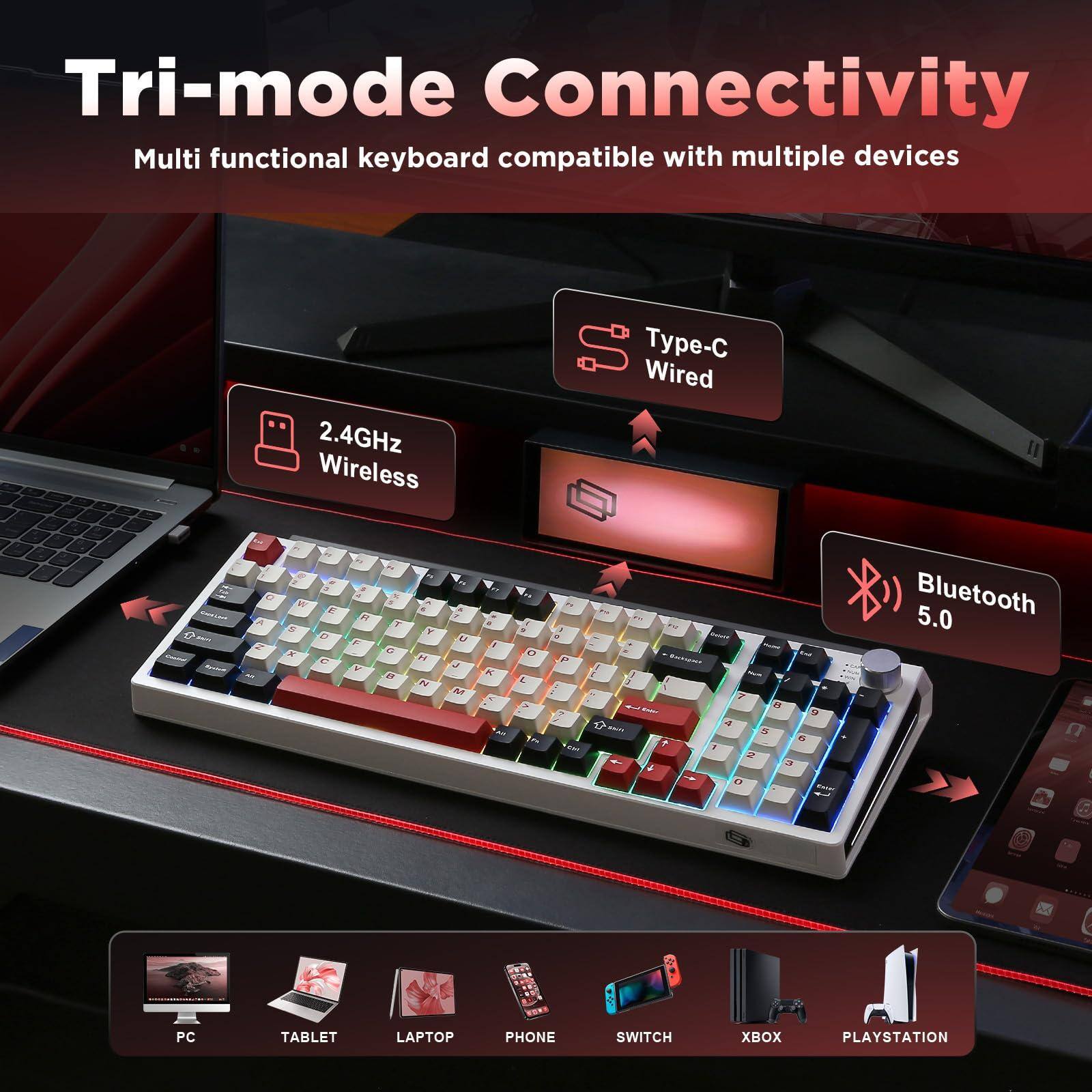 Tri-mode Connectivity  
Multi functional keyboard compatible with multiple devices  

2.4GHz Wireless  
Type-C Wired  
Bluetooth 5.0  

PC  
TABLET  
LAPTOP  
PHONE  
SWITCH  
XBOX  
PLAYSTATION