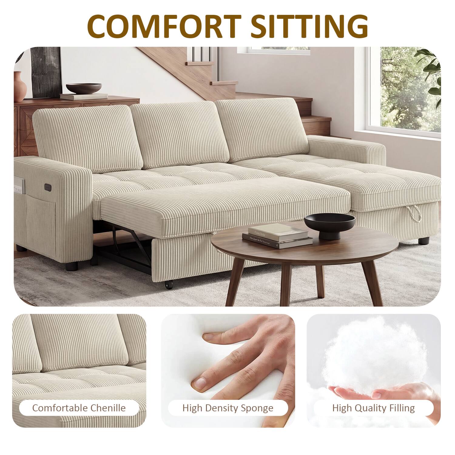 COMFORT SITTING

Comfortable Chenille  
High Density Sponge  
High Quality Filling