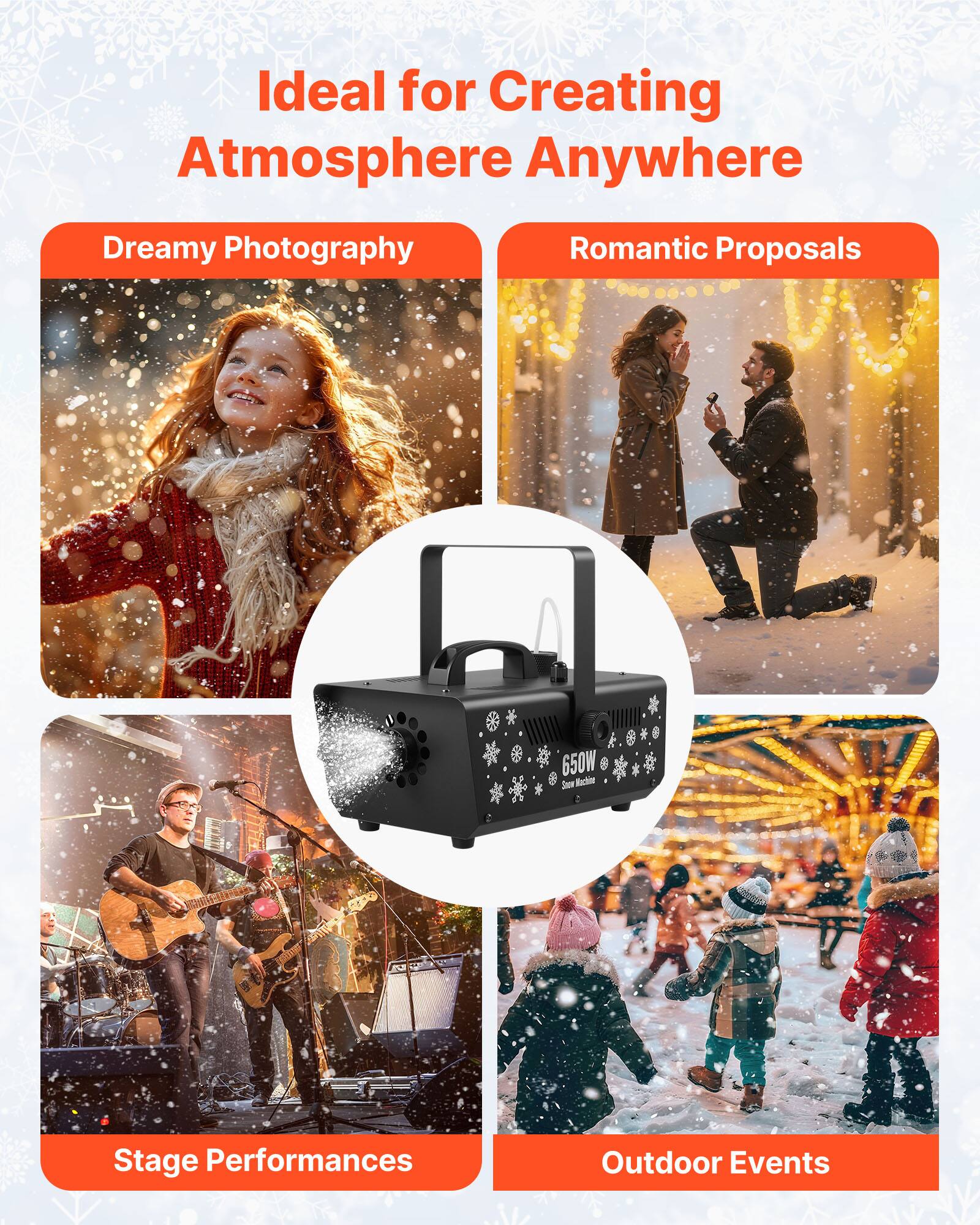 Ideal for Creating Atmosphere Anywhere

- Dreamy Photography
- Romantic Proposals
- 650W Snow Machine
- Stage Performances
- Outdoor Events
