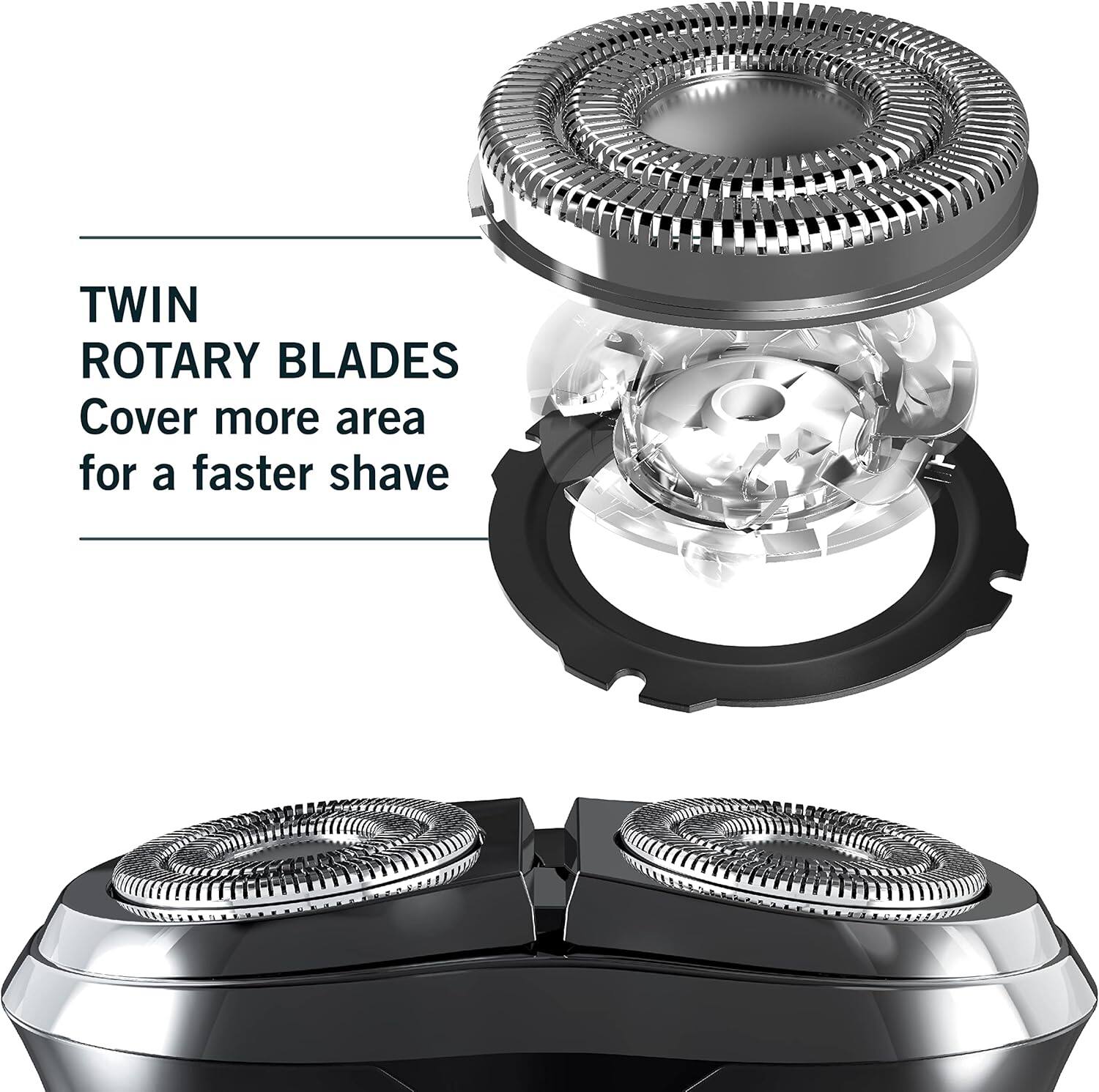 Twin Rotary Blades: Cover more area for a faster shave.