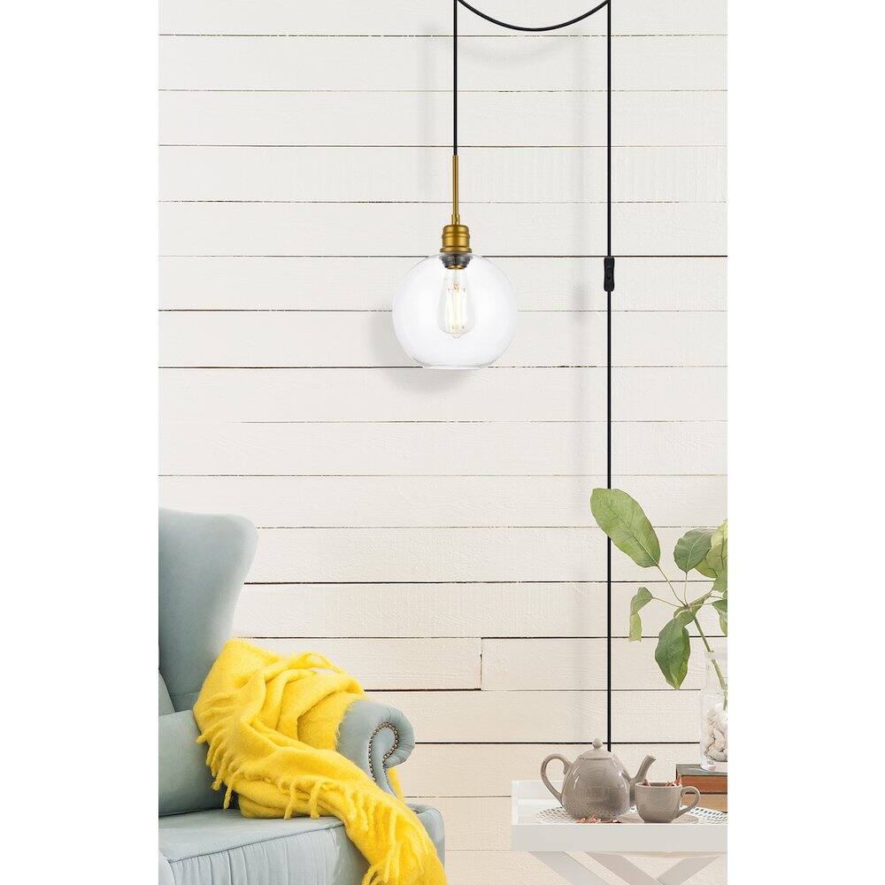 Angle. Living District - Emett 1 Light Brass And Clear Glass Plug In Pendant - Brass.