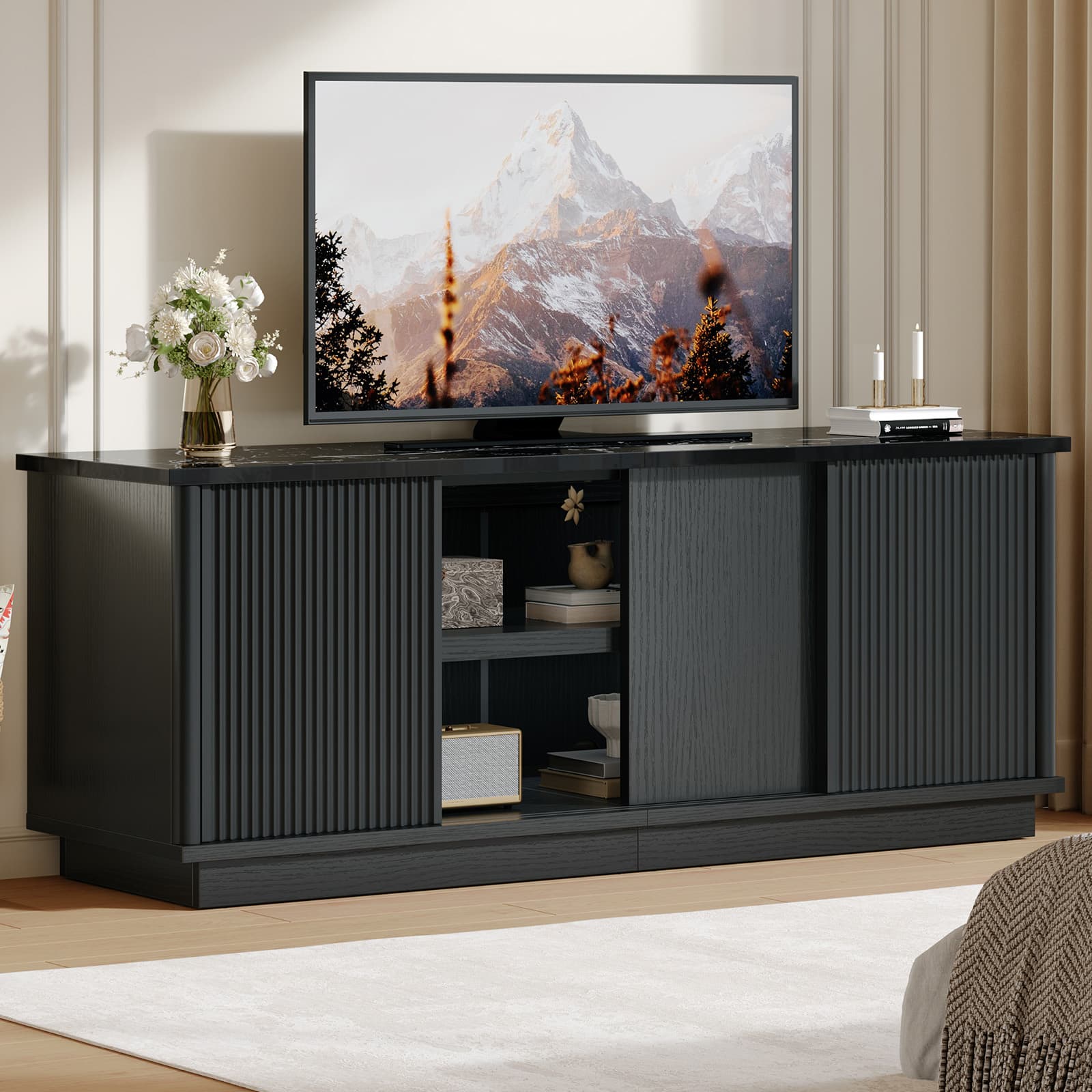 Front. Bestier - 65" TV Stand for 70" TVs, Modern Fluted Medium Console Entertainment Center with Sliding Doors - Black.