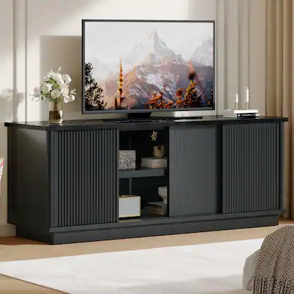 Front. Bestier - 65" TV Stand for 70" TVs, Modern Fluted Medium Console Entertainment Center with Sliding Doors - Black.