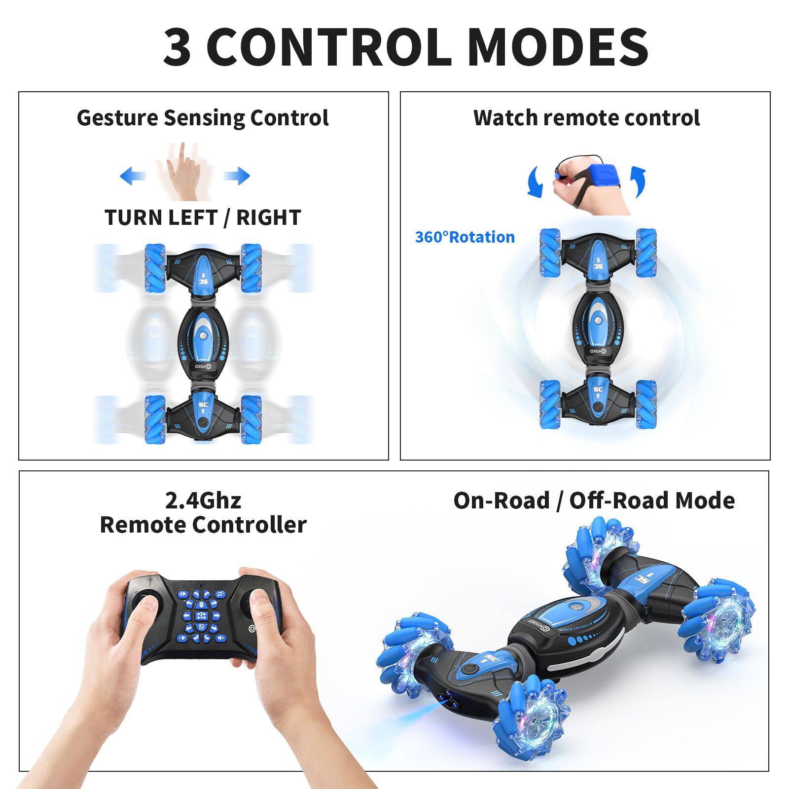 3 CONTROL MODES

1. Gesture Sensing Control
   - TURN LEFT / RIGHT

2. Watch Remote Control
   - 360° Rotation

3. 2.4Ghz Remote Controller
   - On-Road / Off-Road Mode