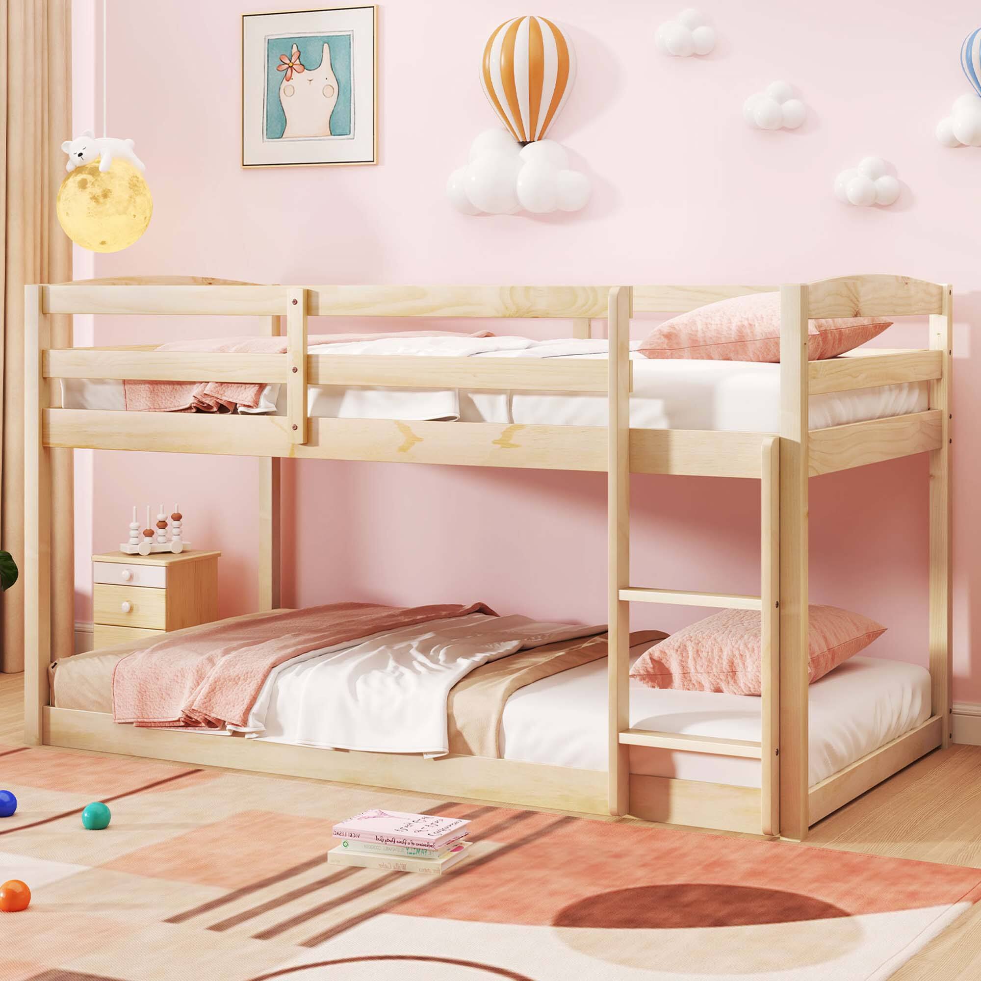 Alt View 1. Costway - Costway Twin over Twin Low Bunk Bed with Guardrails Integrated Ladder Kids Wooden - Beige.