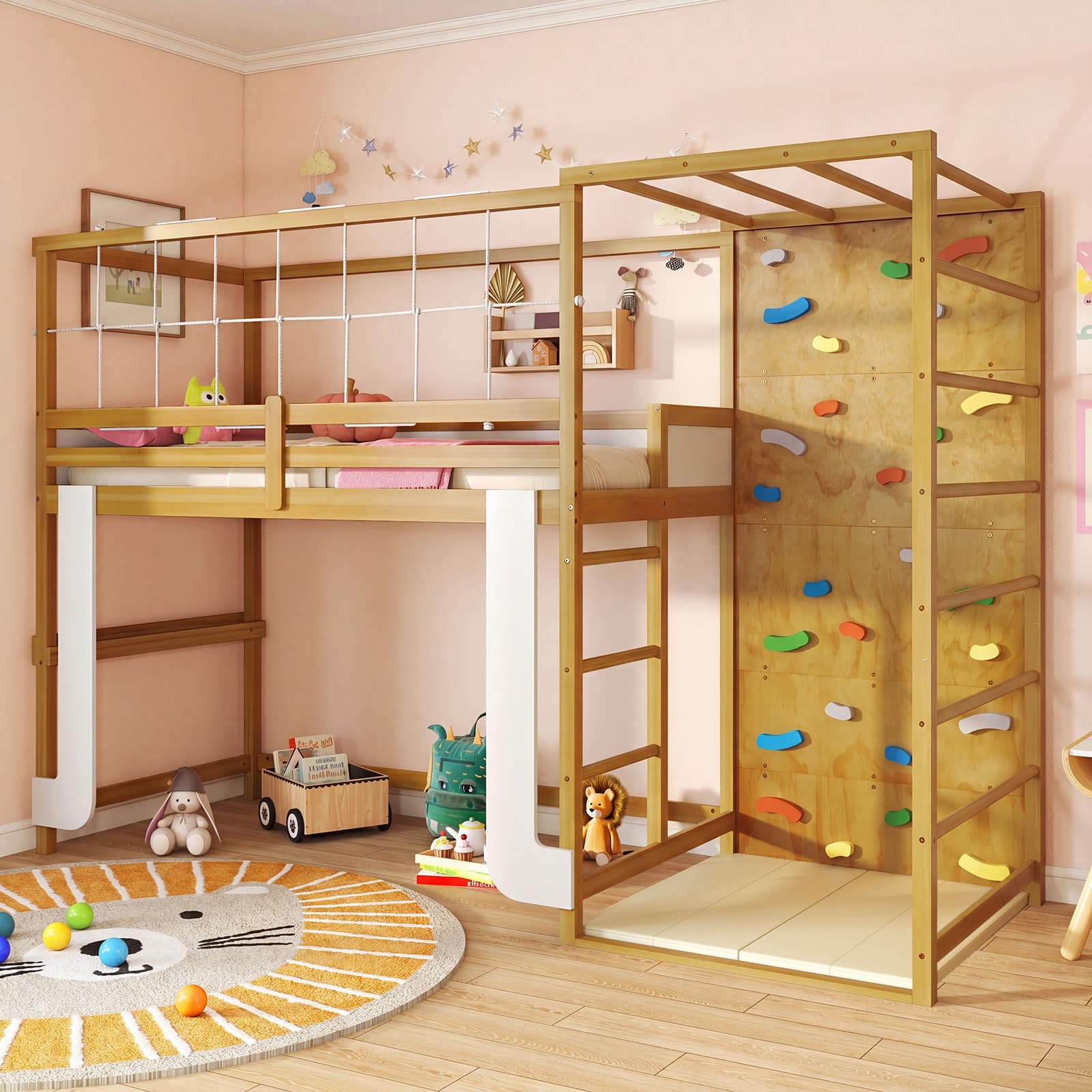 Costway - Twin Bunk Bed with Jungle Gym, Climbing Ladder, Rock Wall & Monkey Bar - Natural + White