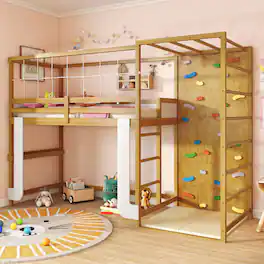 Costway - Twin Bunk Bed with Jungle Gym, Climbing Ladder, Rock Wall & Monkey Bar - Natural + White