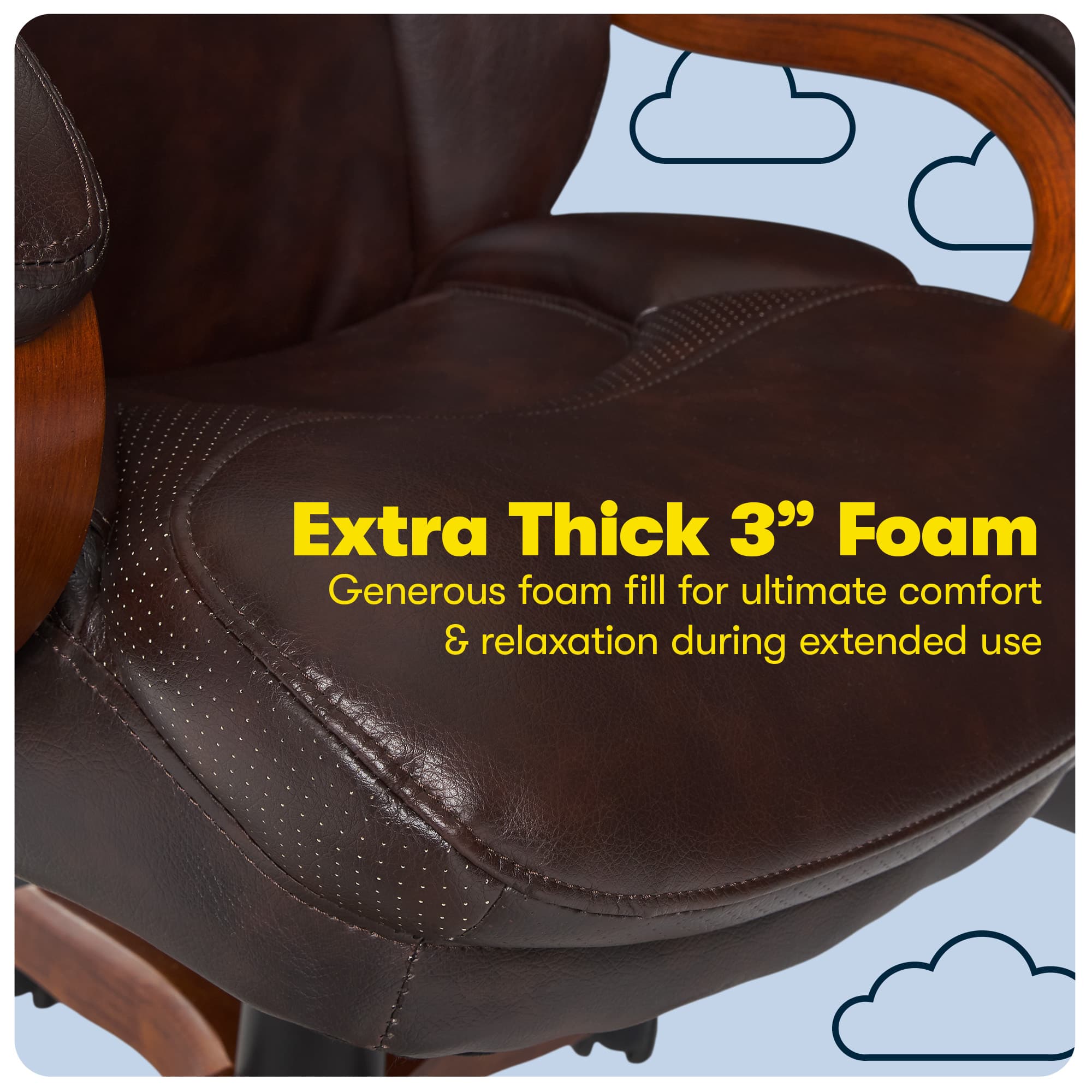 The image features a brown leather chair with a thick cushion, suggesting that it is filled with extra thick 3" foam. The chair is designed for ultimate comfort and relaxation during extended use, making it an ideal choice for those who spend a lot of time sitting in their chairs. The generous foam fill provides additional support and coziness, enhancing the overall comfort of the chair.