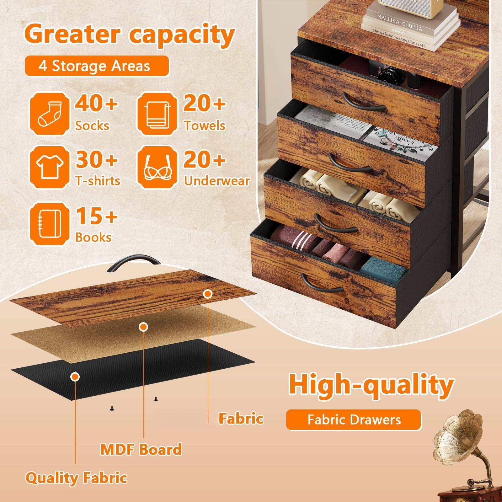 **Greater capacity**

- 4 Storage Areas
  - 40+ Socks
  - 20+ Towels
  - 30+ T-shirts
  - 20+ Underwear
  - 15+ Books

**High-quality**

- Fabric Drawers
- MDF Board
- Quality Fabric